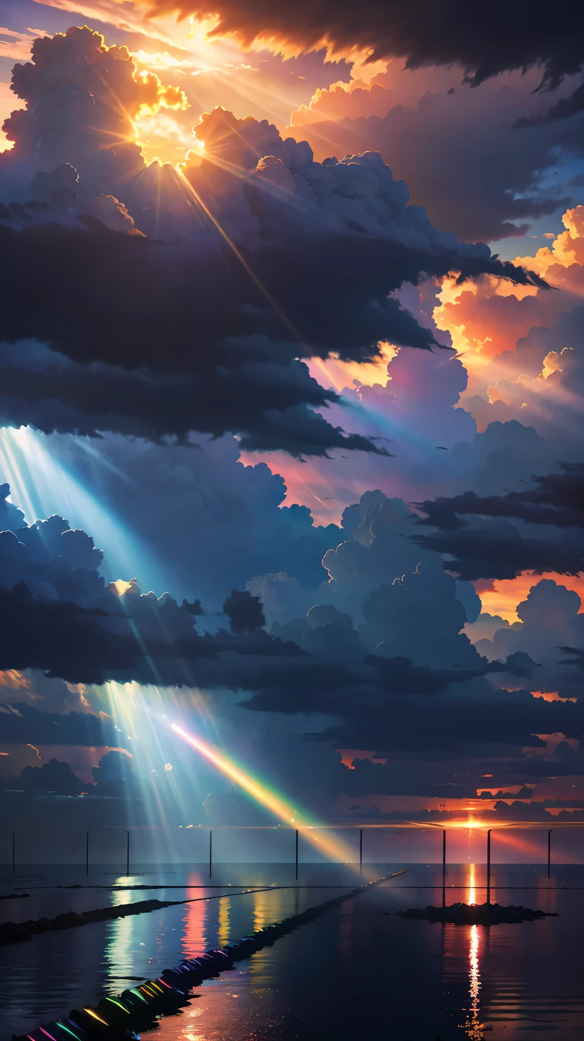 (Super realistic:1.2), High resolution, (Bright colors, HDR:1.1), (sharp focus:1.1), (physically based rendering:1.1), Tyndall effect, colorful lights, (((Light pours through the gaps in the clouds))), beautiful perspective, Contrasting shadows, dynamic composition, realistic landscape, unique configuration, soft texture, intricate details, mysterious atmosphere, Artistic exploration of light and shadow,