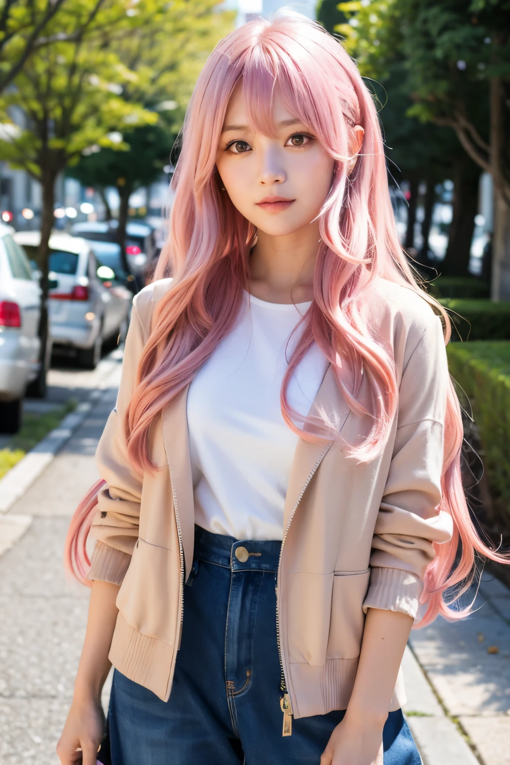 Ai Hoshino, beidge pink hair, long hair, favorite , beautiful shining eyes, star in the eyes, idol, solo, 1 girl, long pink hair