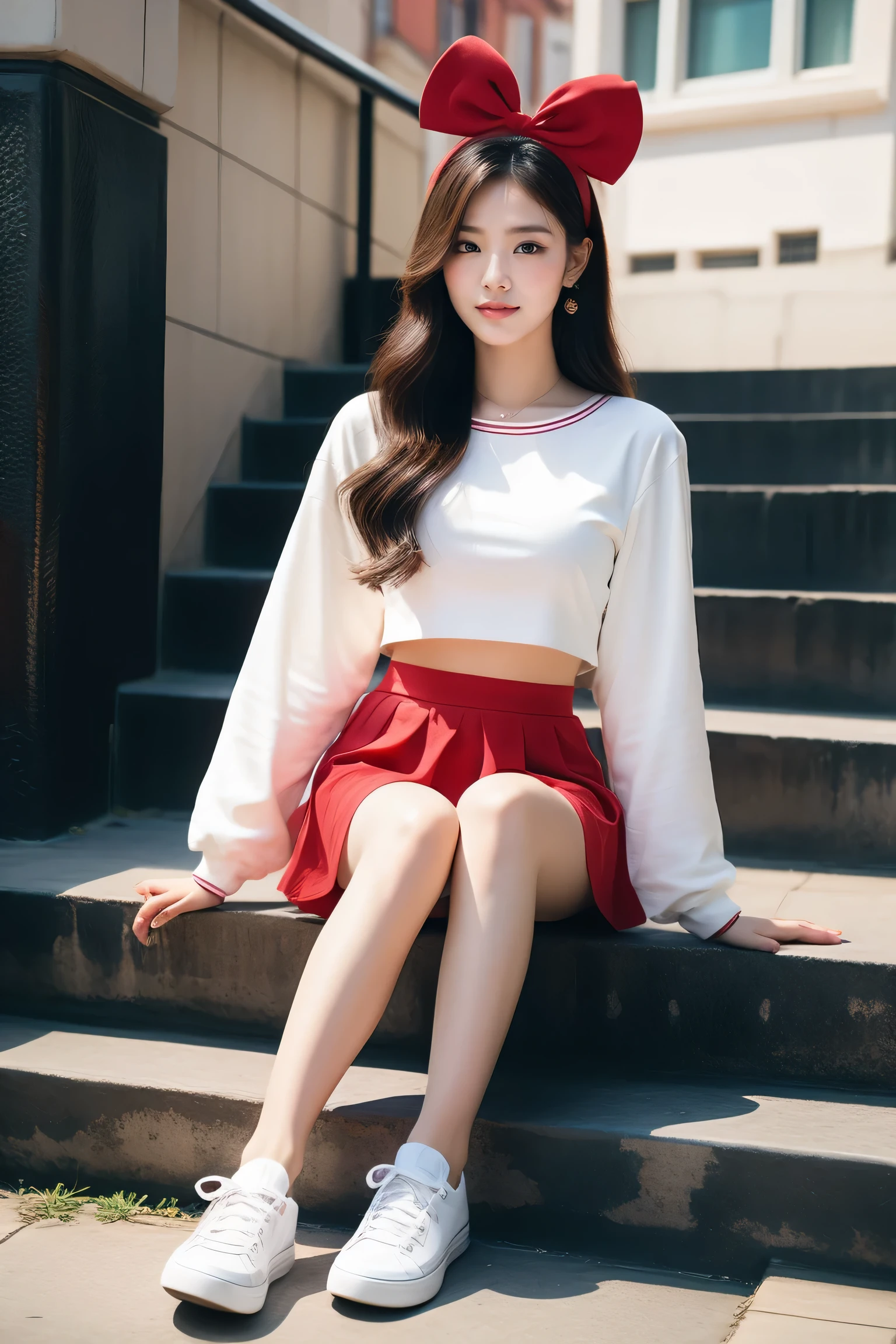 The woman sits on the steps，A red bow is worn on his head, korean girl, Full body cute young lady, Wearing a cute top, gas station trends, casual clothing style, White fluffy suit, young cute girl, beautiful young girl, wearing white skirt, wearing white clothes, Korean fashion model, white top, Wear a crop top