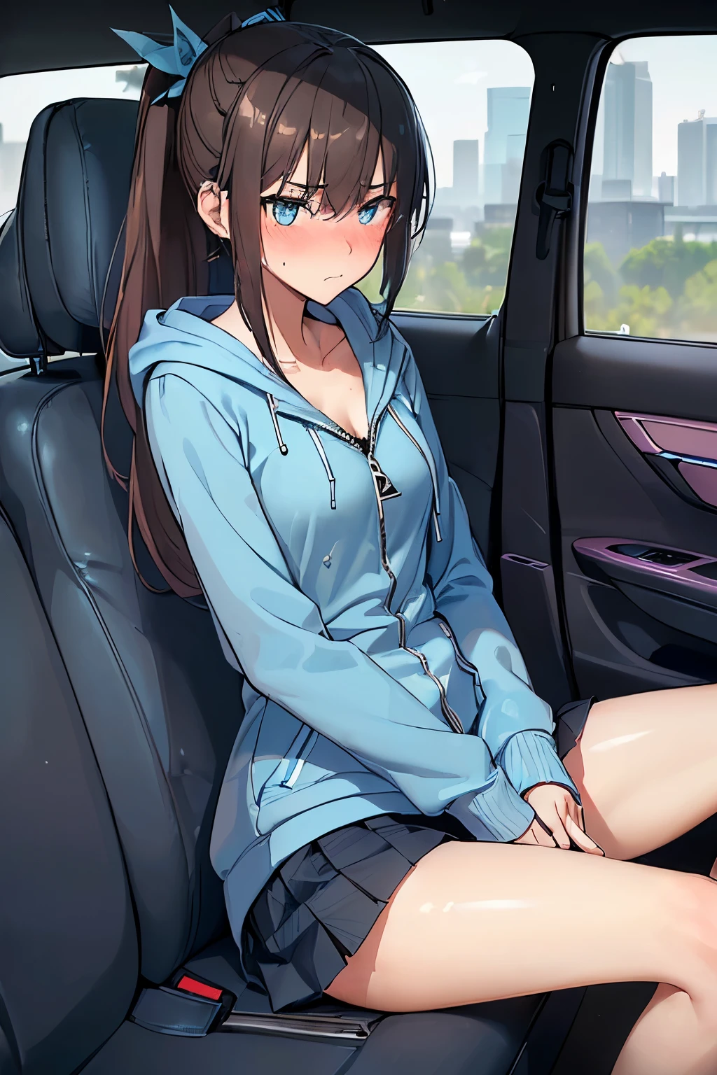 ((best quality)), ((masterpiece)), (detailed), (((perfect face))), ((slender  girl)), ((((light blue zip hoodie)))), (((dark blue pleated skirt))), ((small medium breasts)), (((undressing))), ((brunette)), ((ponytail)), ((((topless)))), ((shy:1.3)), ((blushing:1.5)), ((slender thighs)), ((slender hips)), (((sitting in passenger seat))), (((black car seat))), (((girl looking away))), ((carpark outside window)), (((slender legs))), (((hoodie open and unzipped)))