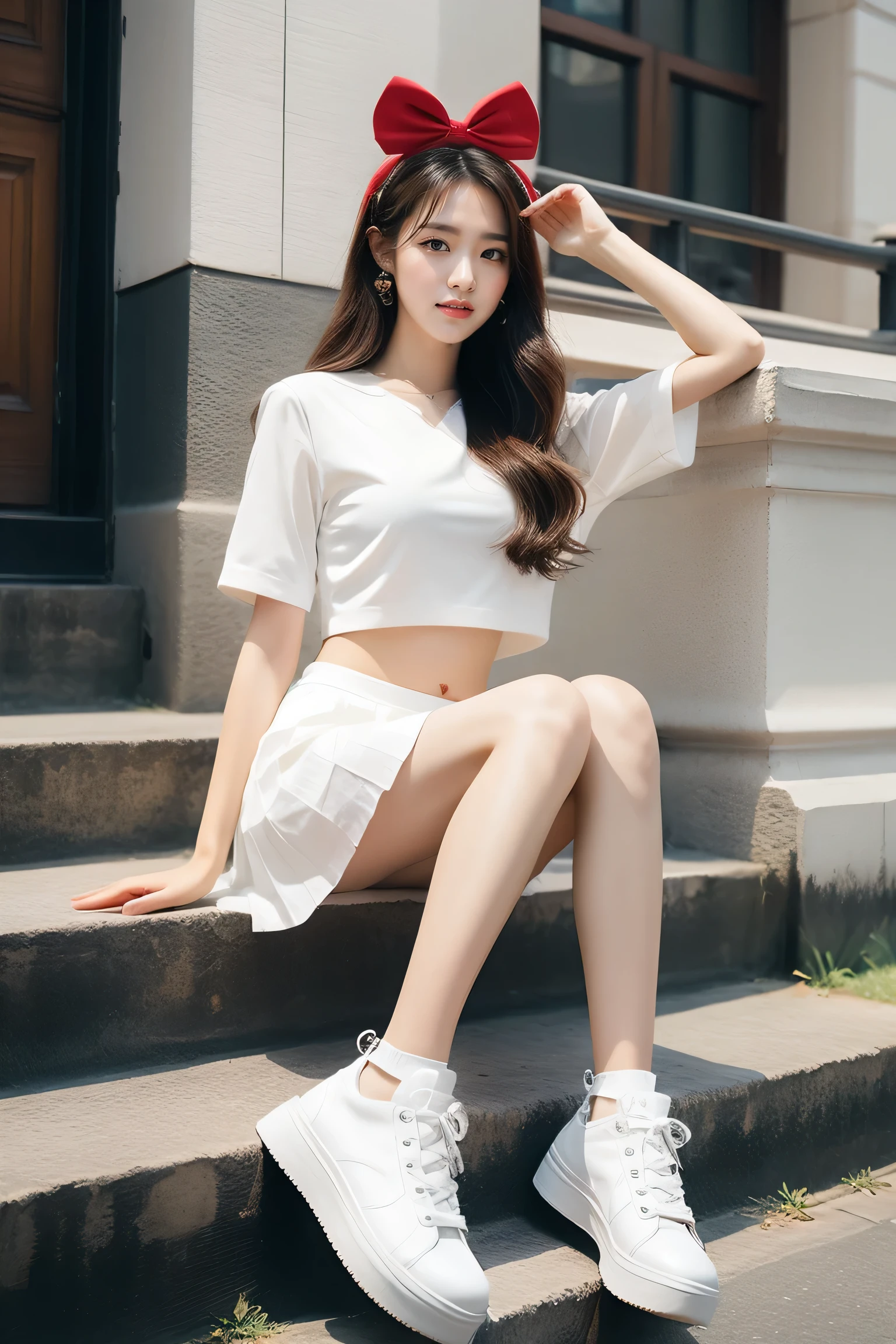 The woman sits on the steps，A red bow is worn on his head, korean girl, Full body cute young lady, Wearing a cute top, gas station trends, casual clothing style, White fluffy suit, young cute girl, beautiful young girl, wearing white skirt, wearing white clothes, Korean fashion model, white top, Wear a crop top