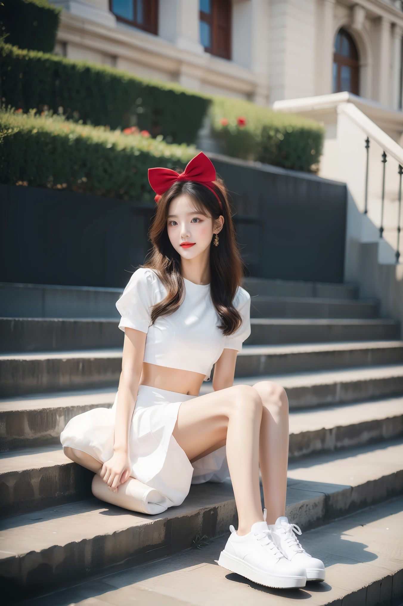 The woman sits on the steps，A red bow is worn on his head, korean girl, Full body cute young lady, Wearing a cute top, cgstation trends, casual clothing style, White fluffy suit, young cute girl, nice young girl, wearing a white skirt, wearing white clothes, Korean female fashion model, white top, Wearing a crop top