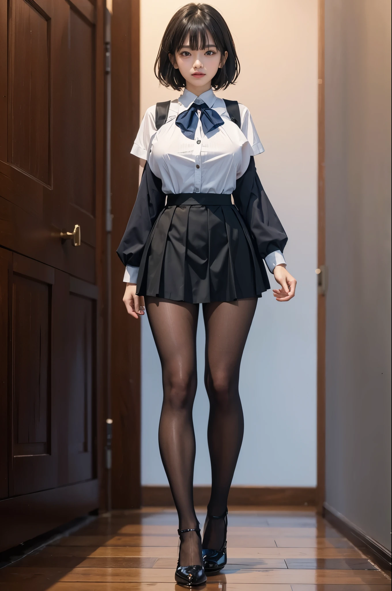 a masterpiece of, beste-Qualit, Hi-Res, Ramius 1, 1girl in, 独奏, (Black_pantyhose:1.1), military outfits, Military, makeup, white  shirt, White skirt, tight skirts, spaceships, Indoors,、Open both legs、camel's toe、mini-skirts、White underwear