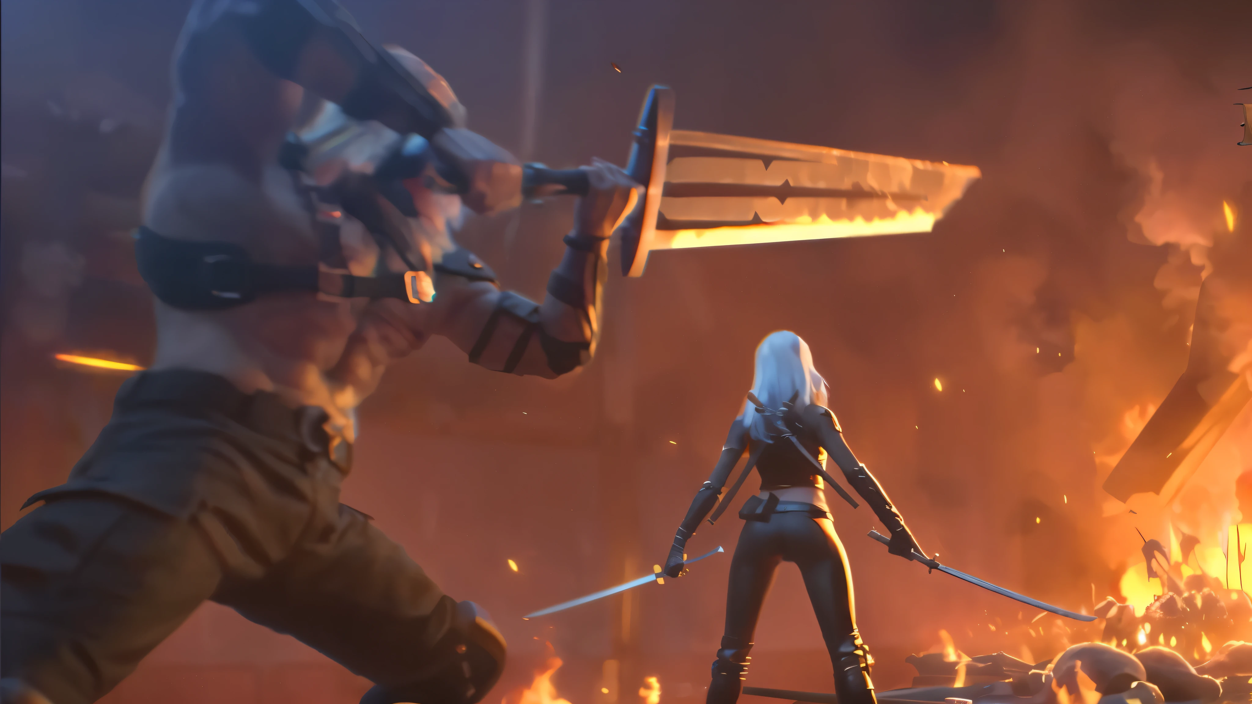 A detailed anime character with a sword, surrounded by flames, Using rossdraws volumetric lighting style. 该角色打扮成wizard, 灵感来自wizard的概念艺术和《wizard》Characteristics of Geralt of Rivia (2021) series. This character is very similar to《League of Legends》Catarina in. The background is《wizard》scenes in, Featuring Sephiroth,And presented the movie renderings in detail. The shades are vibrant, The lighting effects are similar to PS5 movie screenshots.