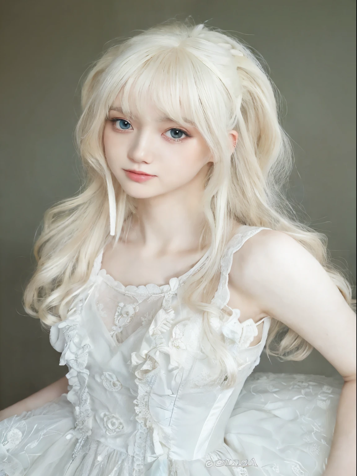 un primer plano de una mujer con un vestido blanco posando para una foto, peinado de corte hime blanco, pelo largo y blanco y flequillo, con el pelo largo y blanco, chica anime en la vida real, con pelo largo y blanco, pale milky white porcelain skin, pale porcelain white skin, chica anime rubia con pelo largo, chica anime cosplay, extremely pale blonde hair, ulzzang
