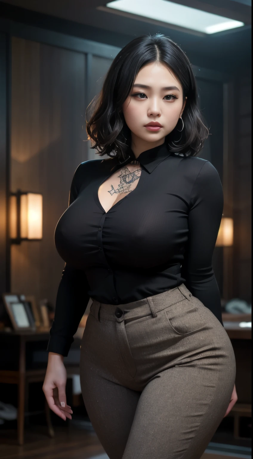 ((best quality)), ((masterpiece)), (detailed), perfect face, Beautiful, mother-in-law, asian-Indonesian , voluptuous,  wearing shirt and thight pants (formal), In the black room, seductive expression, chubby body, nice body, milf chubby, chinese-Indonesian. Full body, big arm, wide hips , wearing a sneakers, bob hairstyle,  , chubby cheeks, 27 year old, chubby tall woman, tattooed thighs , yakuza tattoos , big thighs, big armpits , chubby massive cheeks , thick neck, cold atmosphere, low light, wavy short haired, big breasts, showing her armpits , thick woman , baby faceface