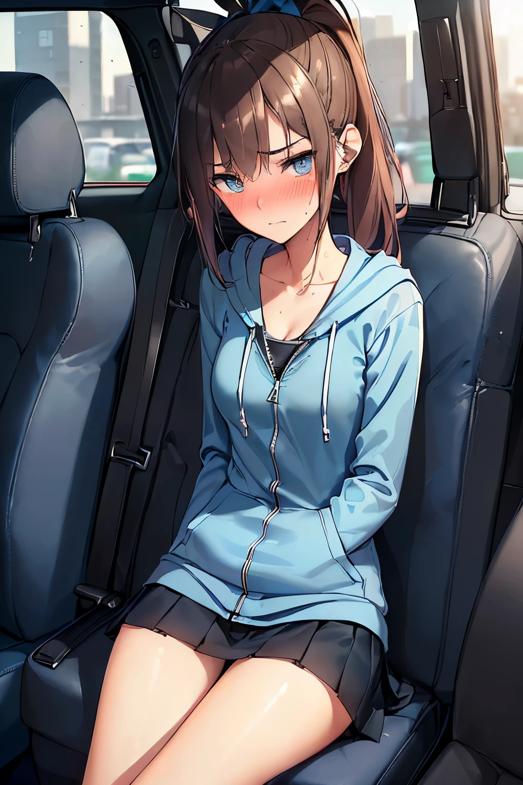 ((best quality)), ((masterpiece)), (detailed), (((perfect face))), (((slender 18yo teenage girl))), (((wearing light blue zipped hoodie))), (((skinny thighs))), (((skinny hips))), (((dark blue pleated skirt))), ((brunette)), (((ponytail))), ((shy:1.3)), ((blushing:1.5)), ((sitting in car passenger seat)), ((black car interior)), ((dashboard)), (((skinny legs))), ((cleavage))