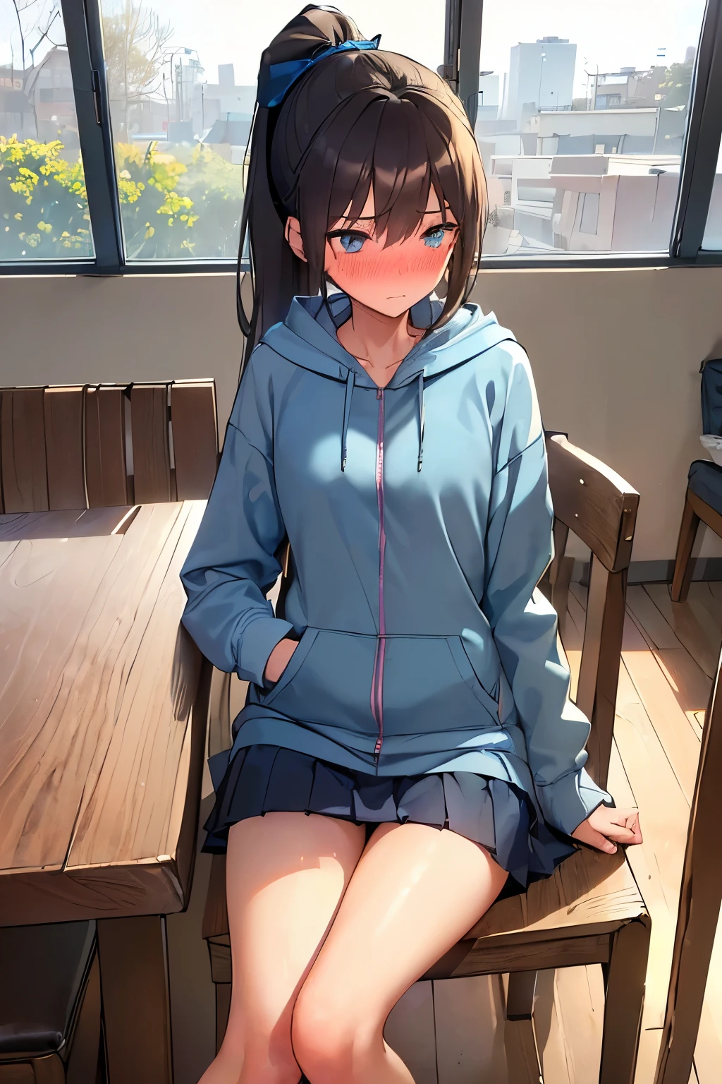 A high school girl in the track and field club, with black hair and blue eyes, wearing a long-sleeved blue windbreaker and black long pants, blushing and smiling while holding a black backpack on her lap on the bus.