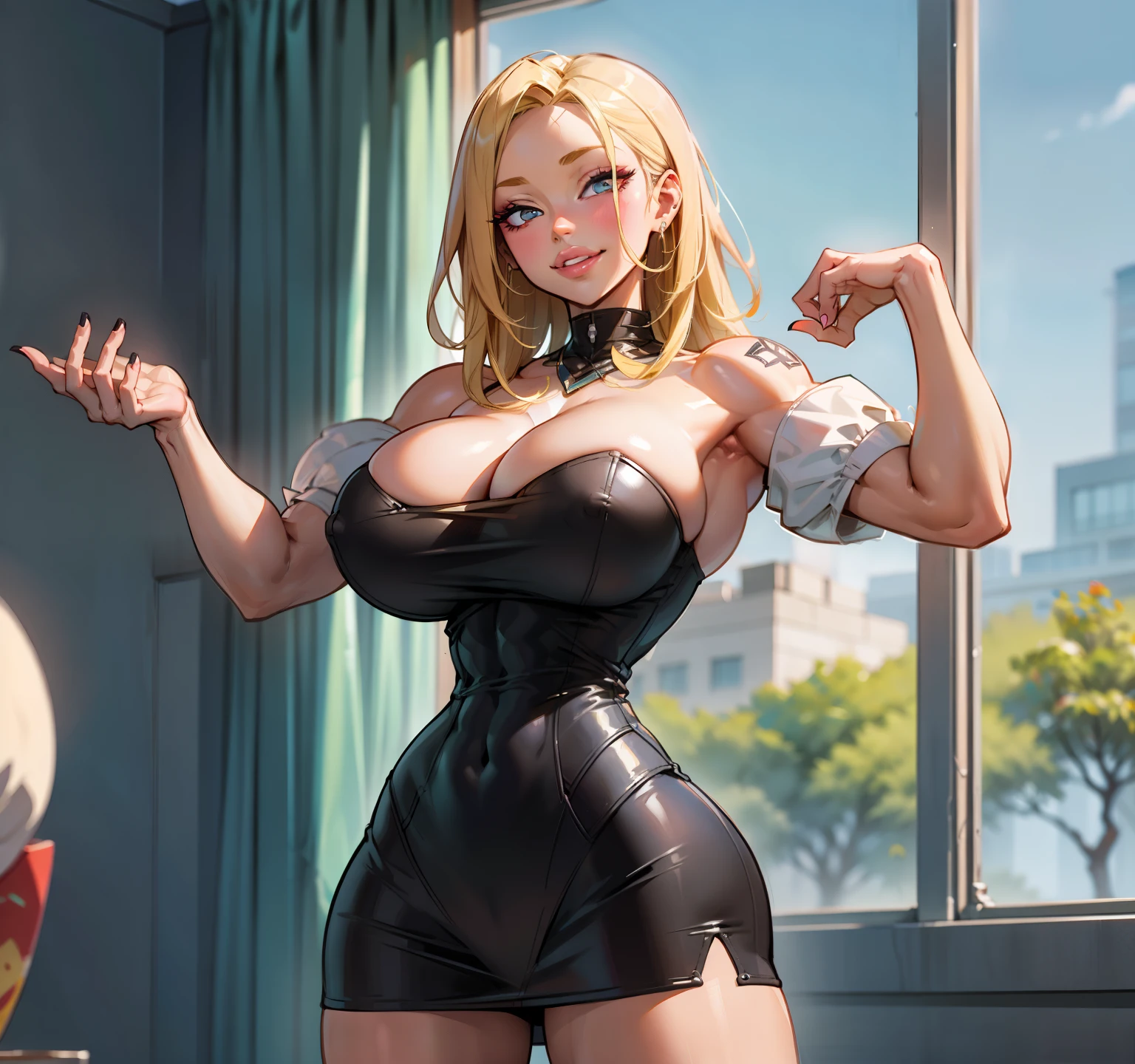 Masterpiece,best quality, highres, perfect anatomy, 8k,Muscular woman,((( blonde))) beautiful, tight dress, tube top,blonde hair, white skin tone, gigantic breasts,smiling and looking at the camera, standing, sun rays, window lighting, hdr, antialiased, 8k, sharp details, (hdr:1.2), (muted colors:1.2), RAW photo, film grain, Fujifilm XT3, highly detailed, masterpiece, slendered abs, puffy lips,flexing at viewer