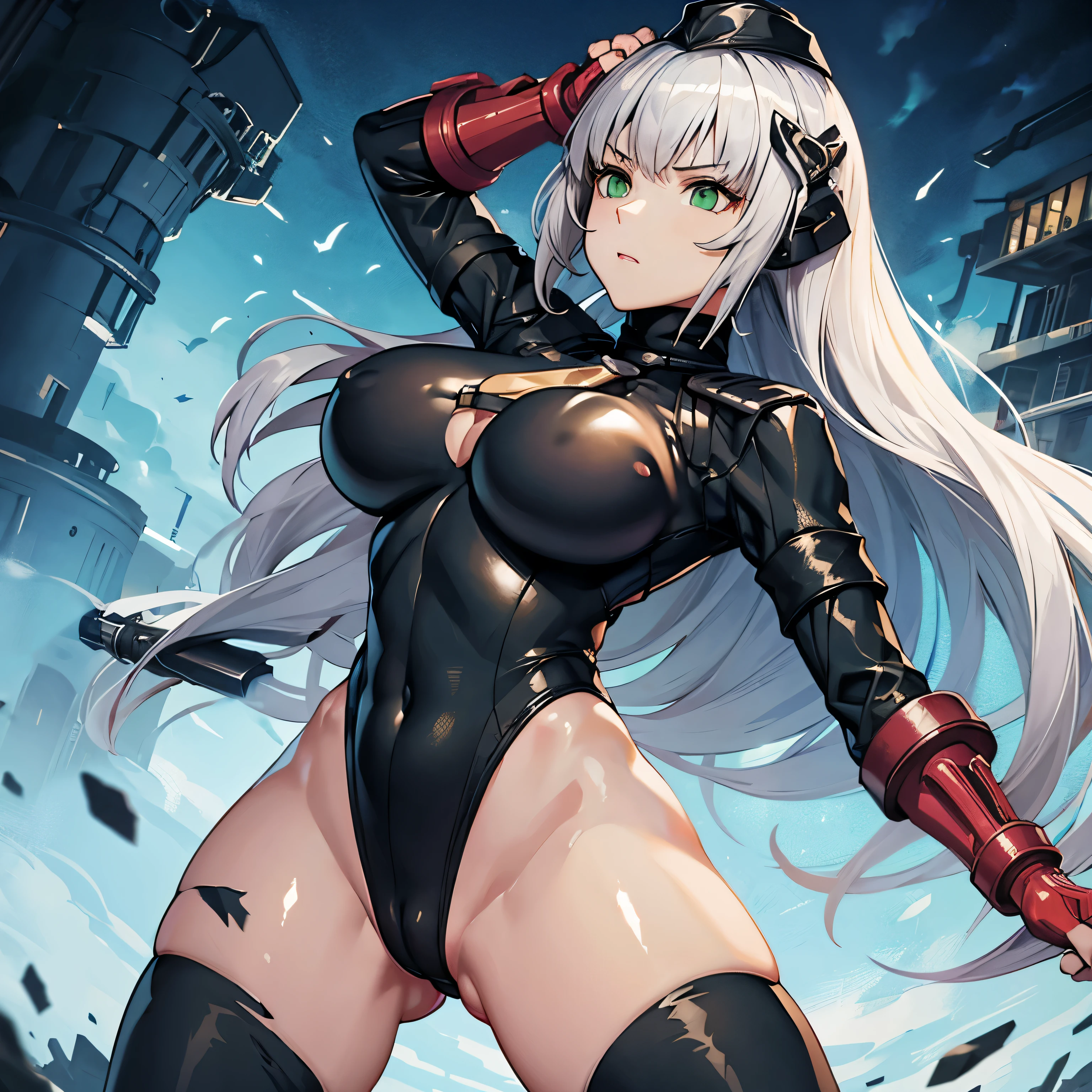 white hair, long hair, weapon