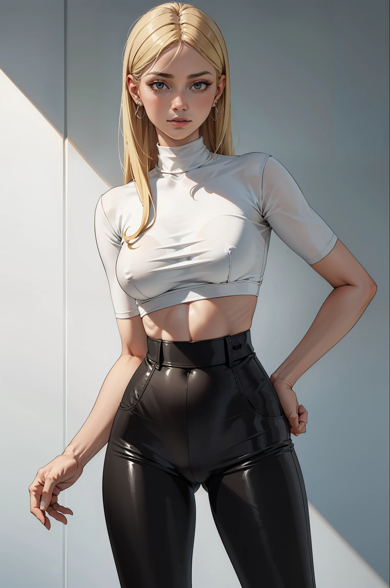 (blonde girl)(olhos azuis)(pele branca) maquiagem, mascara, soft lips, fundo branco simpless, linen clothes,  athleisure clothes, minimalismo, paletas de cores simpless, limpo, designs refinados, silhuetas fluidas, tight leather pants, Black pants high waist, luvas pretas, Top branco sem mangas, assymetrical, geometric, Materiais e designs elegantes e luxuosos, simples, Minimalist accessories, botas de couro alto,, Projetos diferenciados, silhuetas simpless, estilo simpless e sofisticado, elegence, minimalismo, materiais de alta qualidade, Fresh and urban printing, alta moda, Simplicity and sophistication, barriga de fora, decote, peitos grandes