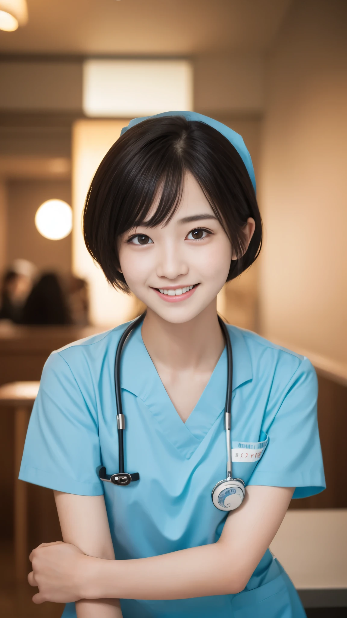 table top, highest quality, 8K, 16 years old, Ten generations, RAW photo, absurd, award-winning portraits, smile, smile, alone, daytime, idol face, violaces, delicate girl, Upper body, Digital single-lens reflex camera, looking at the viewer, Frank, Sophisticated, Zora々right, thin arms, professional lighting, film grain, chromatic aberration, (Eye and face details:1.0), (Bokeh:1.1), (hyper pretty face:1.2)、(beautiful face:1.2), beautiful woman、nurse、nurse uniform、nurseの制服、(short sleeve uniform:1.2), black haired、middle straight hair、bangs、(Japanese)、short hair、nurse cap、skirt