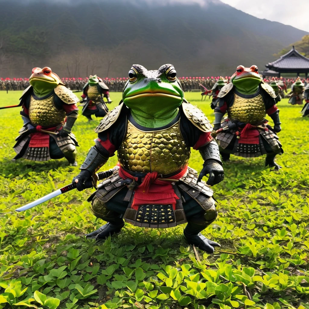 (Tyndall Effect) Toad Samurai warriors meet on the field of battle for an honor duel in Toad feudal Japan, their armies soldiers bellow and croak in support