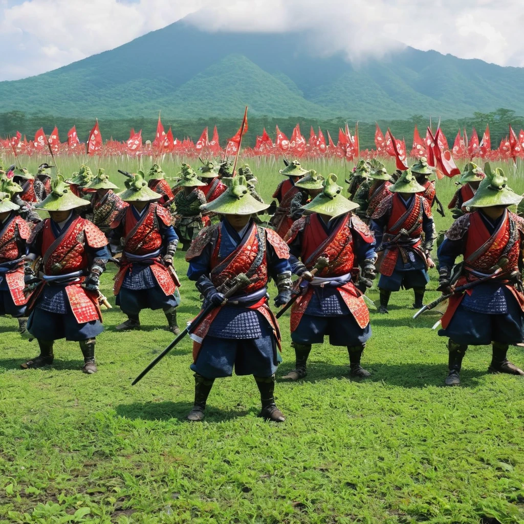 (Tyndall Effect) Toad Samurai warriors meet on the field of battle for an honor duel in Toad feudal Japan, their armies soldiers bellow and croak in support