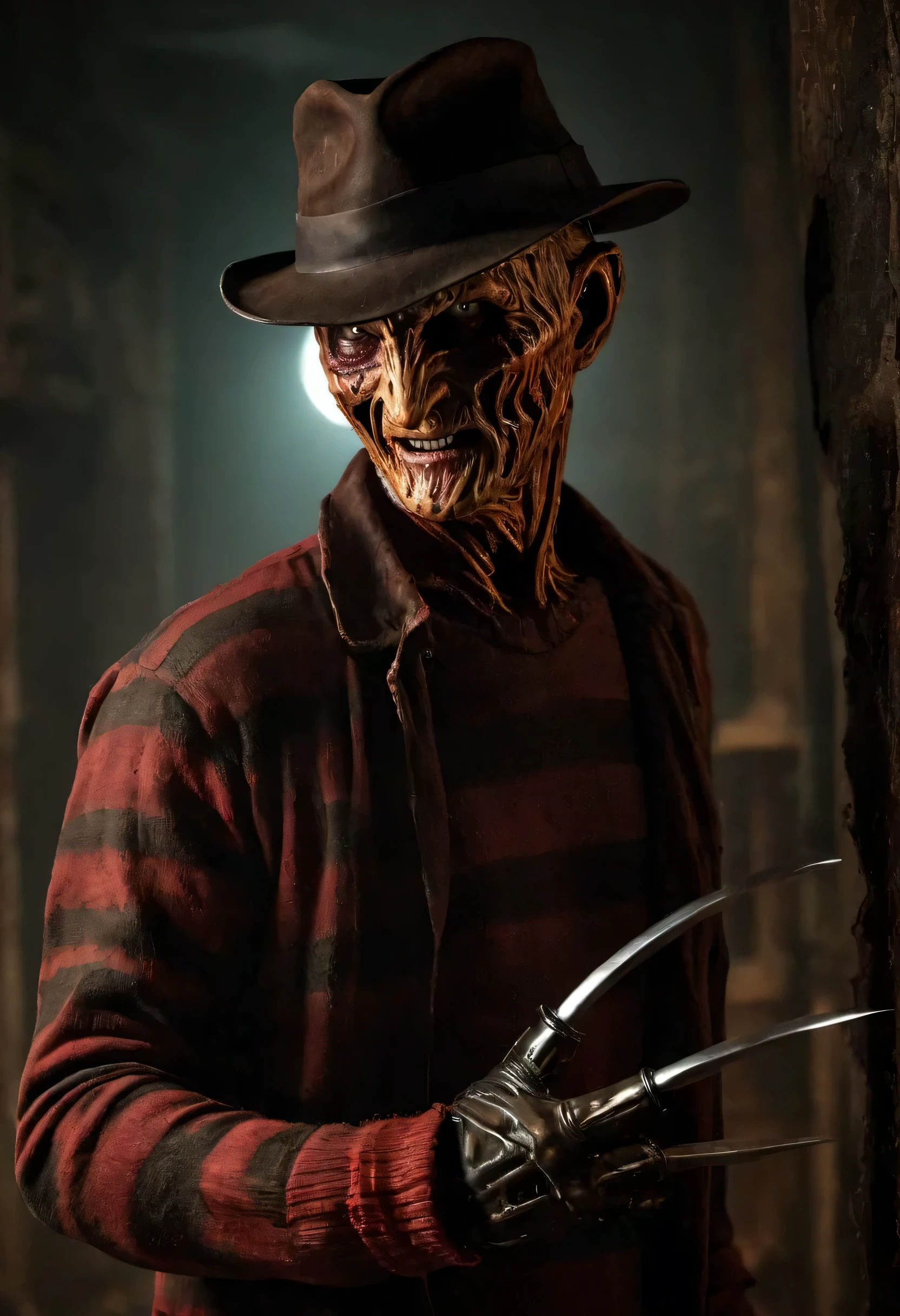 Describe a Freddy Krueger con su atuendo original., stalking a woman in a creepy abandoned factory. (Calidad premium, 8K, 32k, Obra maestra, nffsw:1.3), (Ultra High Definition), (fotorrealista:1.4), raw photography, ojos perfectos, figura perfecta, action pose:1.2, Super detailed and realistic lights.. Su sombrero de ala ancha proyecta una sombra siniestra sobre su rostro quemado y desfigurado., ((mientras las largas y afiladas hojas de hierro de sus guantes y dedos brillan con una luz siniestra)). The air is thick with tension and palpable fear....., mientras Freddy se para con una sonrisa malvada, Ready to stalk his next victim in the dark....