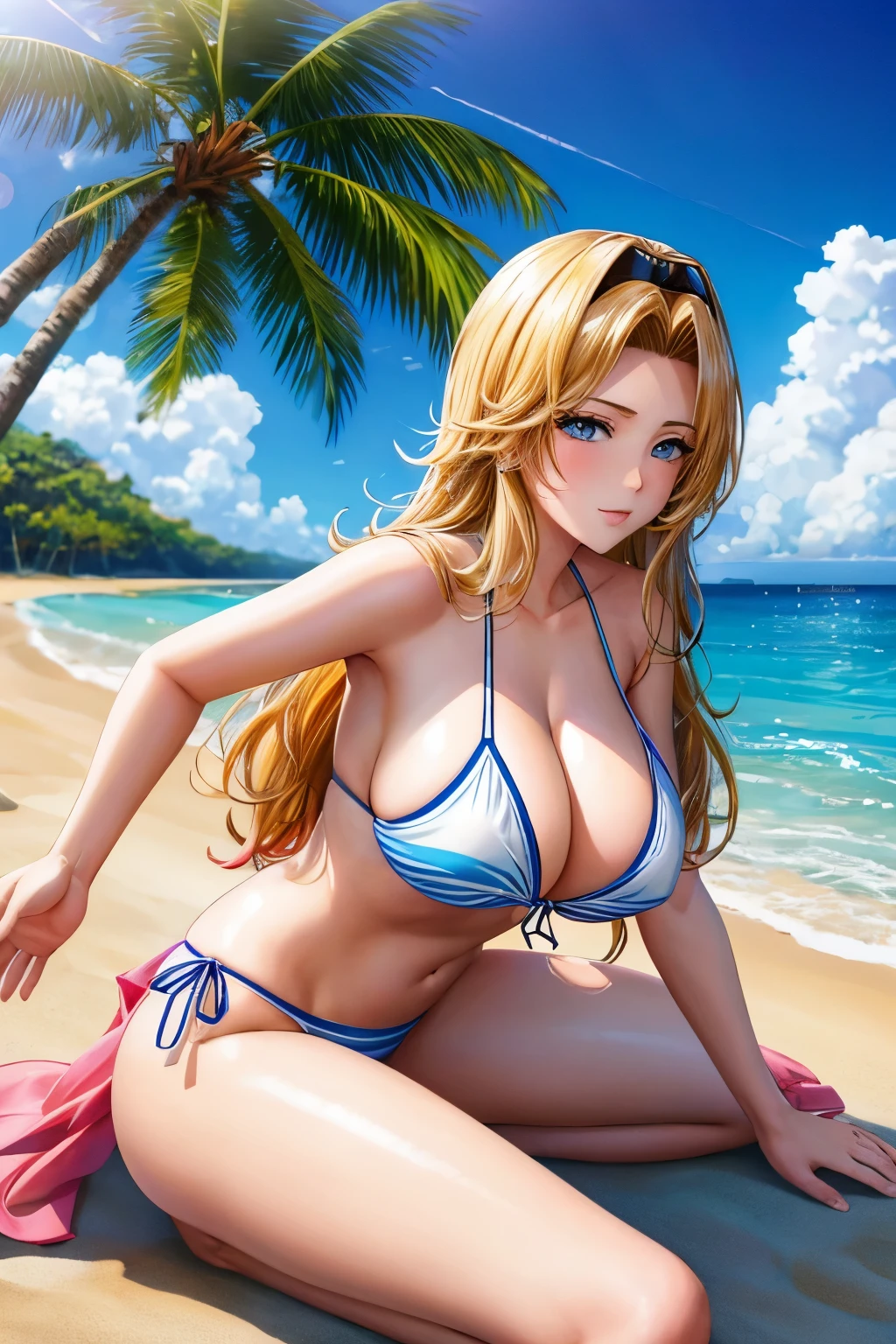 Rangiku Matsumoto in bikini blanco laying on the beach with a blue sky, Rubio goddess, Rubio, en una playa soleada, sexy girl with long Rubio hair, posando en la playa, bikini blanco, en una playa tropical, posing en una playa with the ocean, en una playa, wearing a bikini blanco, karol bak uhd, with beautiful exotic, Rubio swedish woman