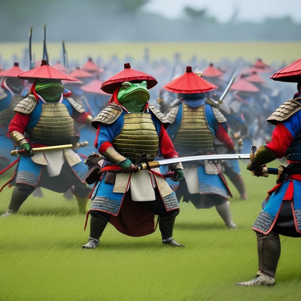 (Tyndall Effect) Toad Samurai warriors meet on the field of battle for an honor duel in Toad feudal Japan, their armies soldiers bellow and croak in support