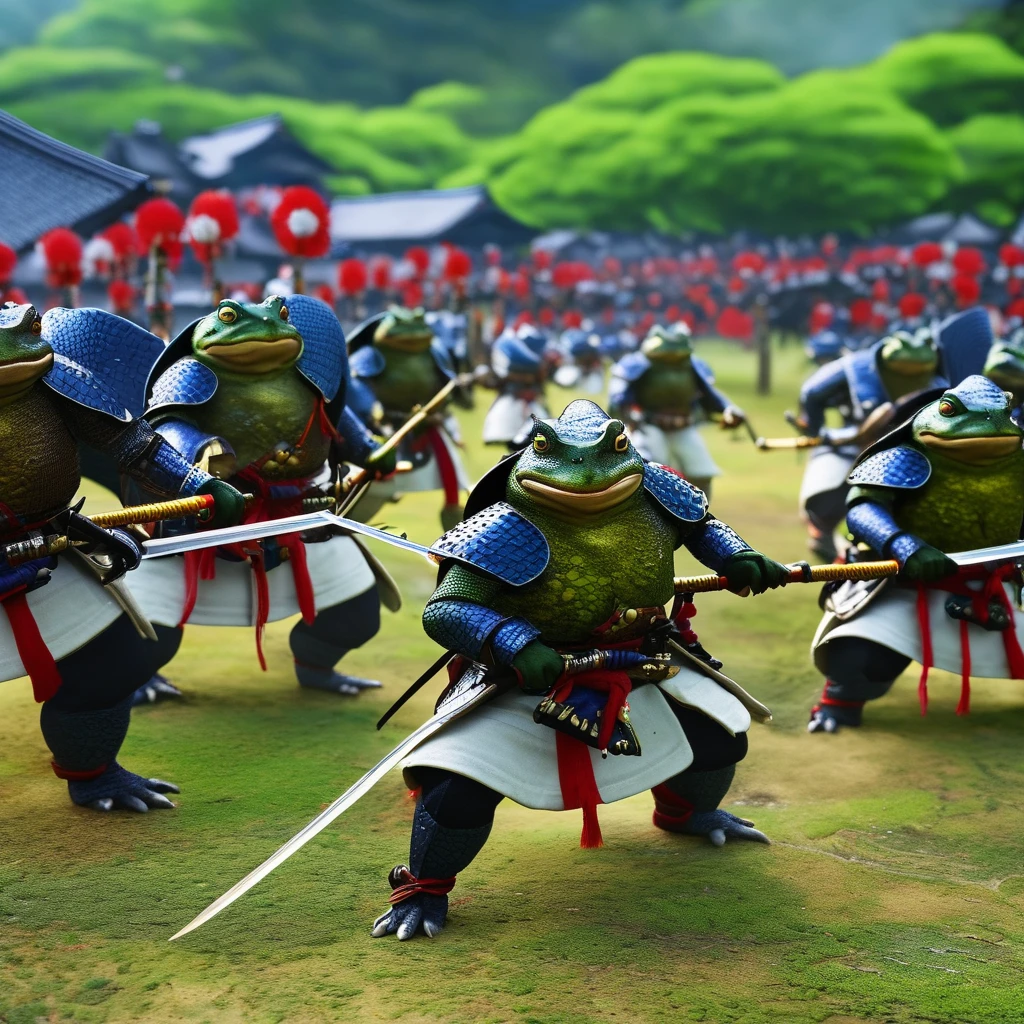 (Tyndall Effect) Toad Samurai warriors meet on the field of battle for an honor duel in Toad feudal Japan, their armies soldiers bellow and croak in support