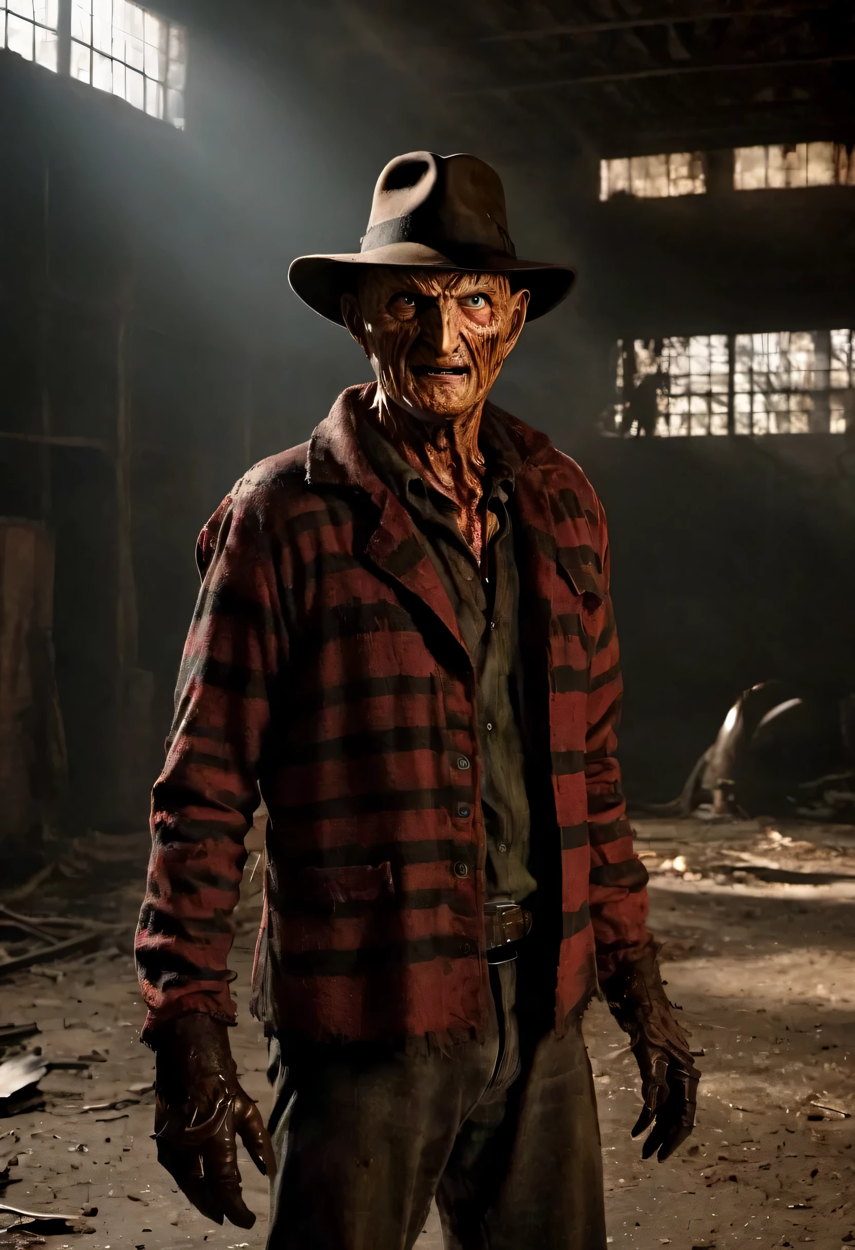 Describe a Freddy Krueger con su atuendo original., stalking a woman in a creepy abandoned factory. (Calidad premium, 8K, 32k, Obra maestra, nffsw:1.3), (Ultra High Definition), (fotorrealista:1.4), raw photography, ojos perfectos, figura perfecta, action pose:1.2, Super detailed and realistic lights.. Su sombrero de ala ancha proyecta una sombra siniestra sobre su rostro quemado y desfigurado., ((mientras las largas y afiladas hojas de hierro de sus guantes y dedos brillan con una luz siniestra)). The air is thick with tension and palpable fear....., mientras Freddy se para con una sonrisa malvada, Ready to stalk his next victim in the dark....