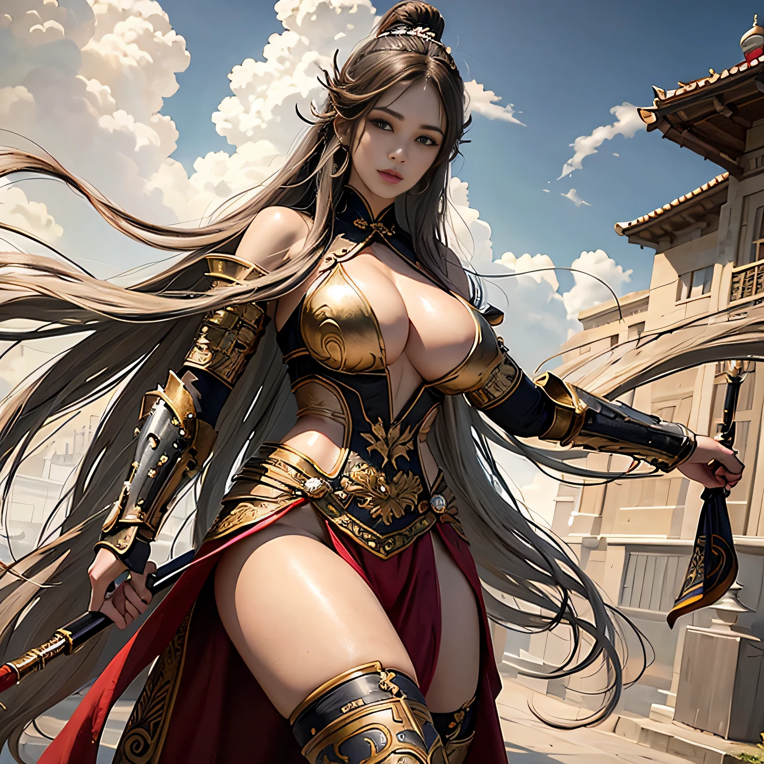 photorealistic portrait, high-res, Soft light,1woman, bara, full body image, Slender Figure, Beautiful hips, gleaming skin, Overflowing big breasts, Reveal the breasts...., (higly detailed face), Beautiful Chinese Armor