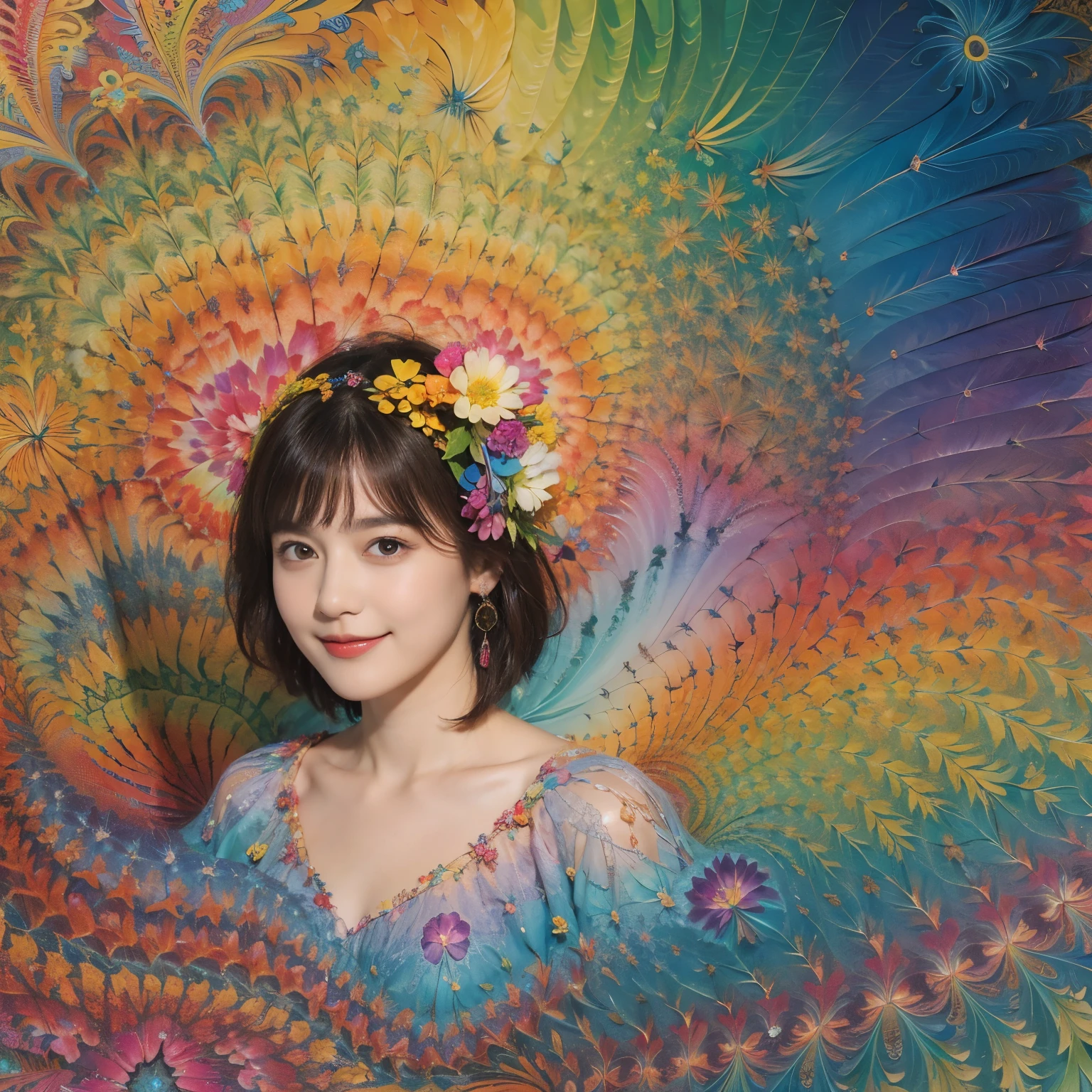 173
Shorthair, a 20 yo woman, gentle smile, colorful flowers, feather, (fractal art:1.46)