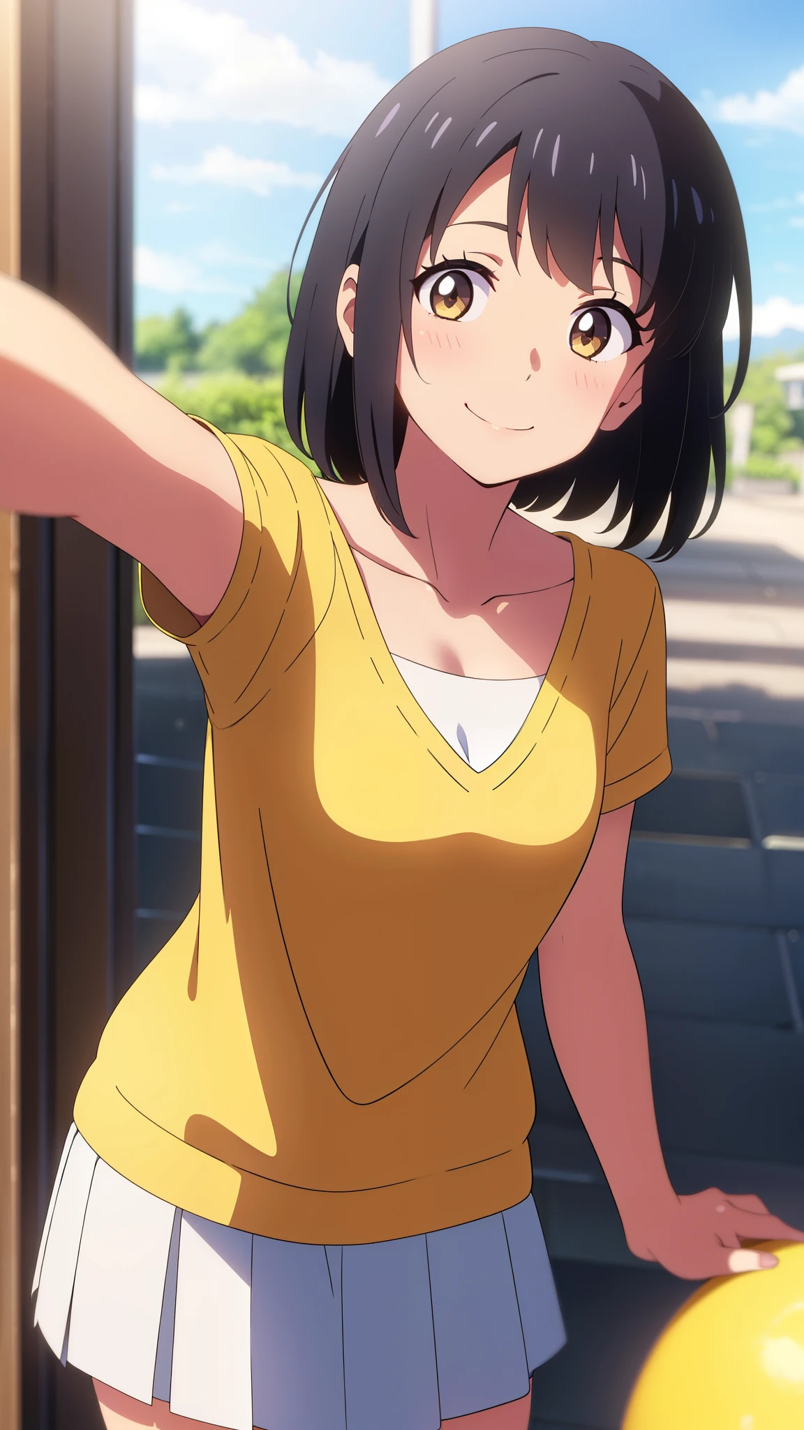 shinkai makoto, kimi no na wa., 1girl, bangs, black hair, blush, bright eyes, brown eyes, red headband, red bow, red ribbon, short hair, smile, cute, beautiful, shiny skin, looking at the viewer, solo, female focus, ​happy, collarbone, yellow shirt, short sleeves, skirt, pleated skirt, upper body, blue sky, selfie angle, sharp nose