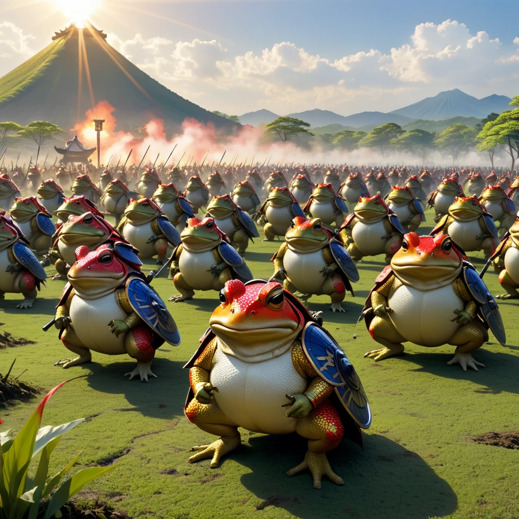 (Tyndall Effect) Toad Samurai warriors meet on the field of battle for an honor duel in Toad feudal Japan, their armies soldiers bellow and croak in support