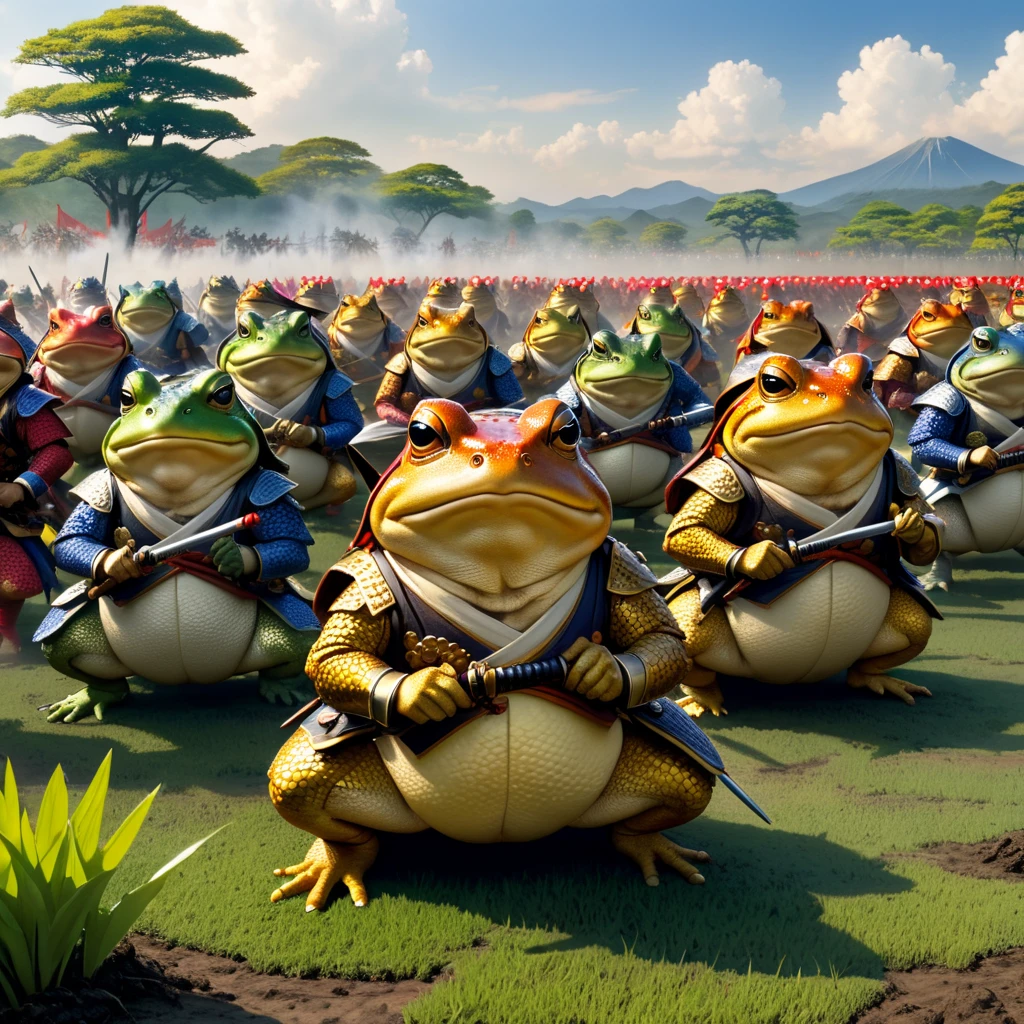 (Tyndall Effect) Toad Samurai warriors meet on the field of battle for an honor duel in Toad feudal Japan, their armies soldiers bellow and croak in support