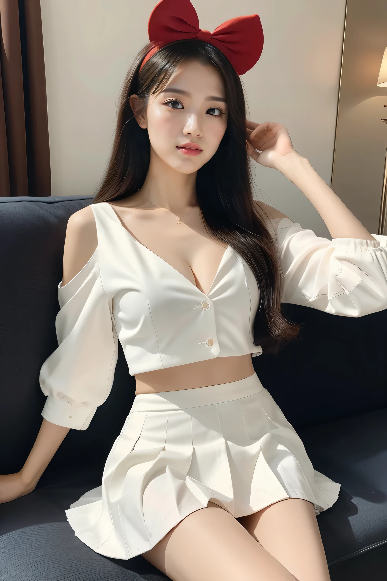 Woman sitting on sofa，A red bow is worn on his head, korean girl, 全身Lovely的年轻女士, 穿着Lovely的上衣, gas station trends, casual clothing style, White fluffy suit, 年轻Lovely的女孩, beautiful young girl, wearing white skirt, wearing white clothes, Korean fashion model, white top, Wear a crop top，show breasts，Show cleavage，V-neck，Sexy，looking at camera，V-neck，Lovely，Leave the country whole body，Sexy大腿，