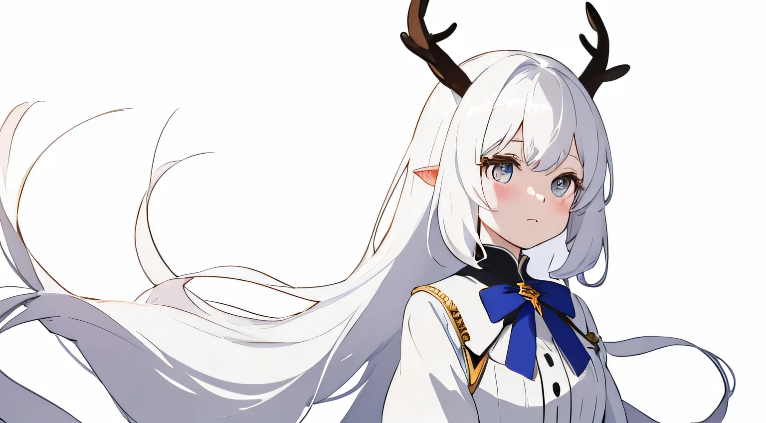 有角和裙子的anime girl, White Horned Queen Demon, White-haired God, White Deer Maiden,azure lane style, anime goddess, white hair白裙子anime girl,  anime girl, beautifully，texture，grade，Dream，Romantic，Dynamic，vitality，cartoon，comics，Biomorphology，natural scenery，cute  girl，white hair，deer ears，upper body portrait，Shy，blush