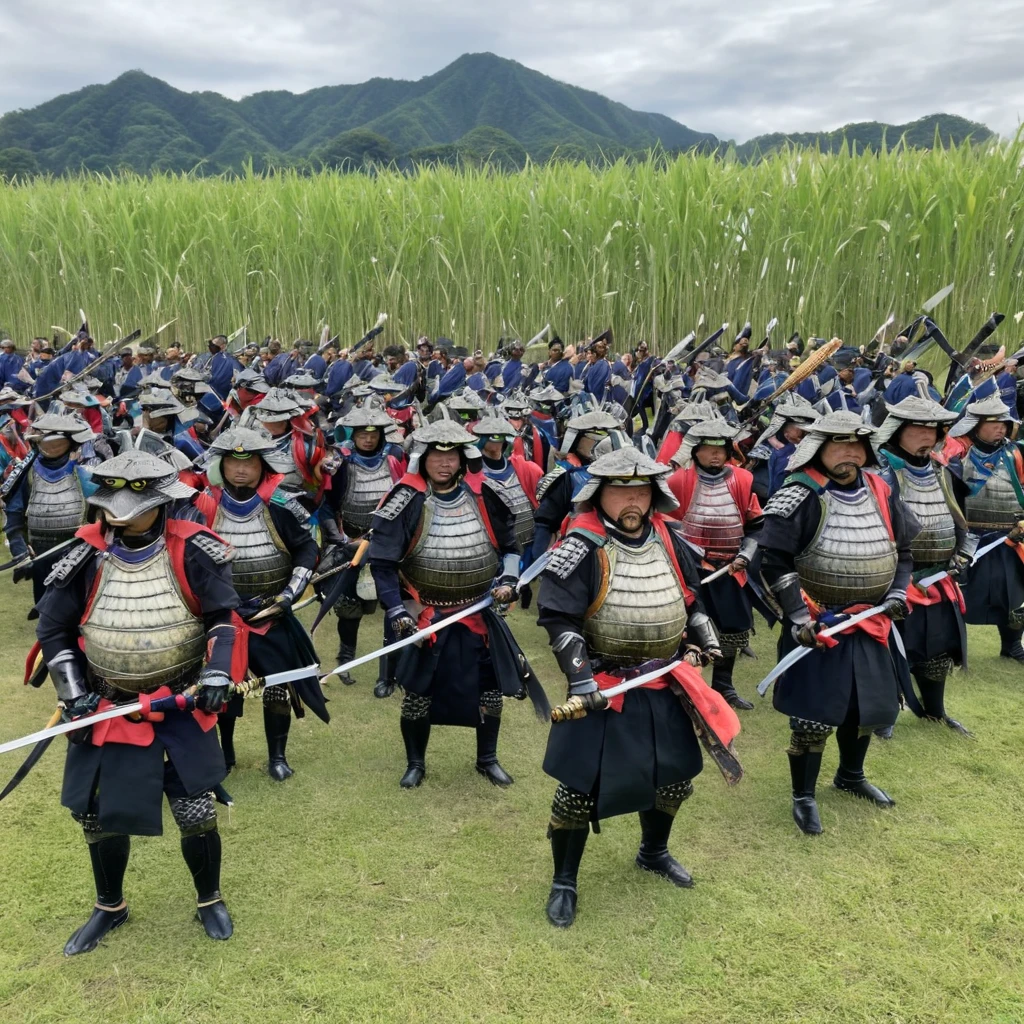 (Tyndall Effect) Toad Samurai warriors meet on the field of battle for an honor duel in Toad feudal Japan, their armies soldiers bellow and croak in support
