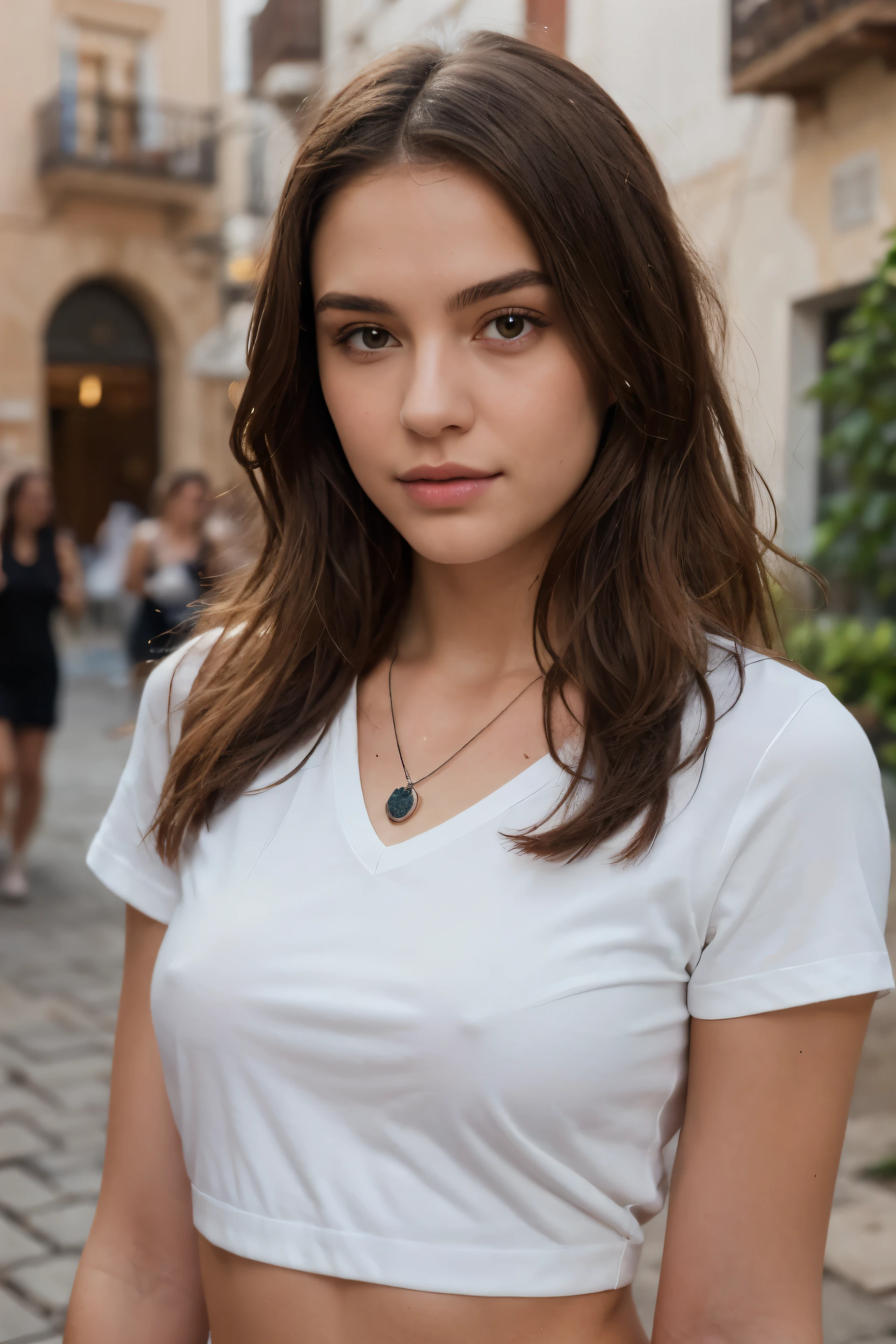 ((best quality)), ((Meisterwerk)), (Detailliert), Perfektes Gesicht(best quality)), ((Meisterwerk)), (Detailliert), Perfektes Gesicht,stunning realistic, photorealistic, photorealism, 1 beautiful spain girl,small nose,,Brown long hair,light curly hair,beautiful grey and hazel eyes,light sixpack,very tight white shirt, sliver necklace