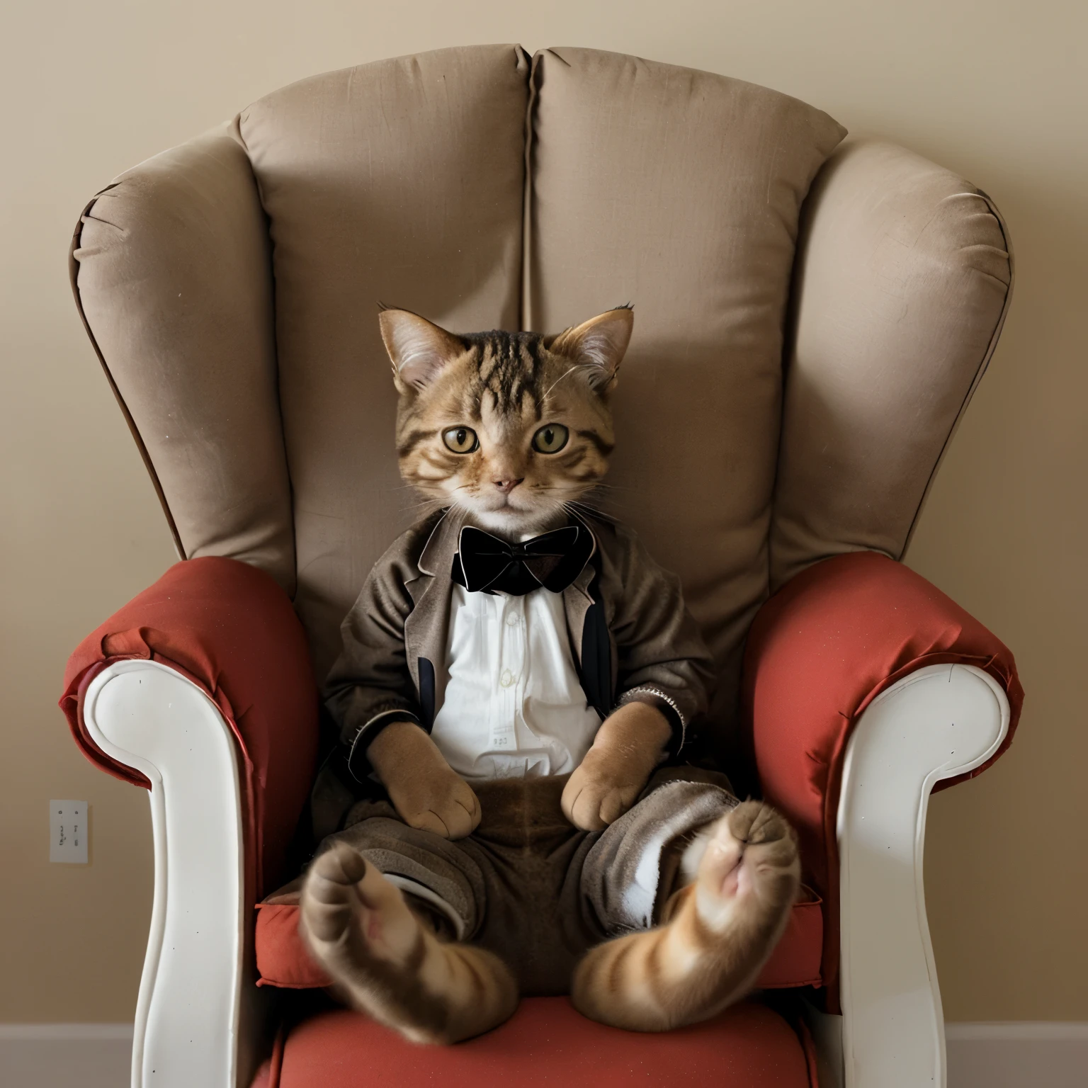 A cat sitting in a small armchair dressed as Mario Bros and with a homely background