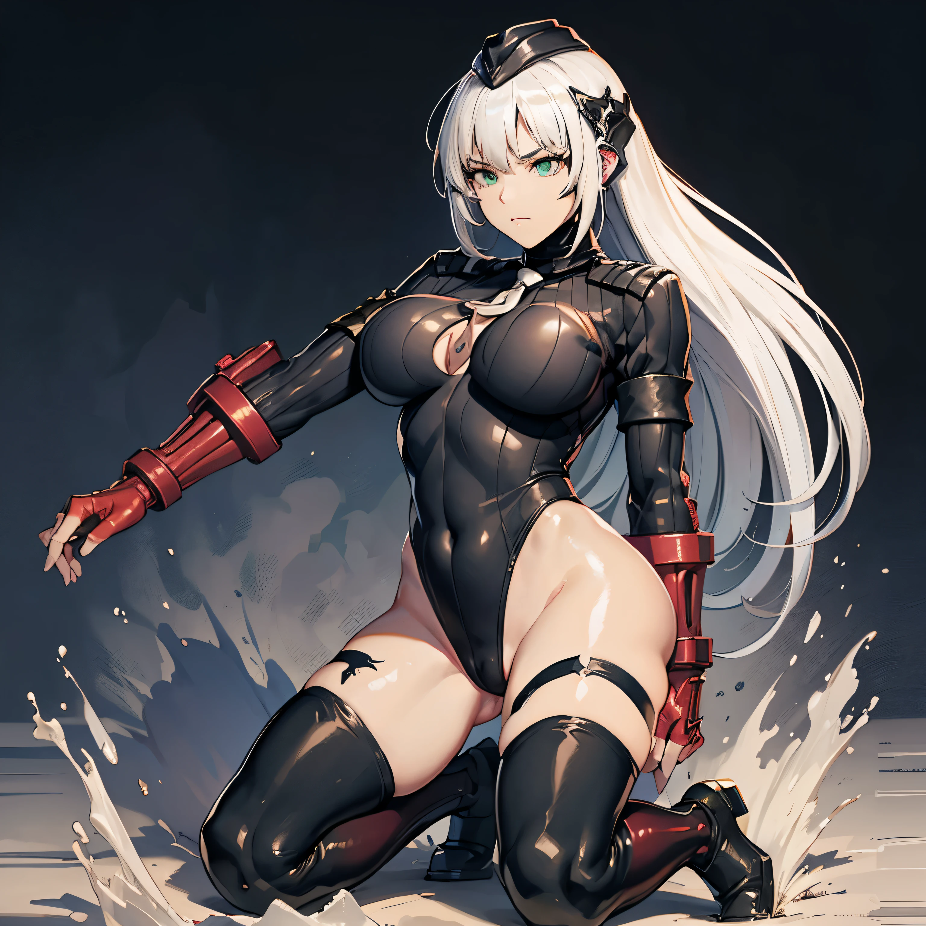 haveรายละเอียดมาก, clear, beautiful body, Beautiful nose, Beautiful character design, perfect eyes, perfect face, very high, 4k, Beautiful legs, perfect legs, good hand, perfect hand, Masterpiece, best quality, haveรายละเอียดสูง, illustration, nonsense, perfect anatomy, street fighter, doll set, Chadaloo Doll, doll set, expressionless, ดวงempty eyes, look at viewer, red gloves, Emotionless, black Latex, corruption, mind control, female warrior, full body, hypnotized, ความมึนงงที่ไม่haveความสุข, full body suit, ชุดบอดี้สูทแบบhaveจั๊ม, Both arms are at the sides., obey, perfect woman's body, extremely glossy Latex, hypnosis, Hipnolora, empty eyes, mind control device, Poses, give up_Pose, slave, (((all four))), have, necktie, belt, Latex, ชุดบอดี้สูทแบบhaveจั๊ม, thigh high, garter belt, fighting posture, Extend your right arm away from your shoulder into the air with your hand straight., soldier, Ankle boots, black stockings, (((pixel perfect, perfect details))), alone, 1 girl, hair accessories, long hair, white hair, green eyes, gag, Girls' frontline, big breast