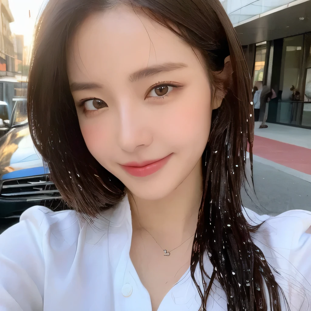 ((highest quality, 8k, masterpiece: 1.3)), sharp focus: 1.2, beautiful woman with perfect figure: 1.4, slim abs: 1.2, (layered hairstyles,: 1.2)), (wet white button long shirt: 1.3), rain: 1.3, street: 1.2, wet body: 1.1, Highly detailed face and skin texture, fine eyes, double eyelid, big breasts, smile,