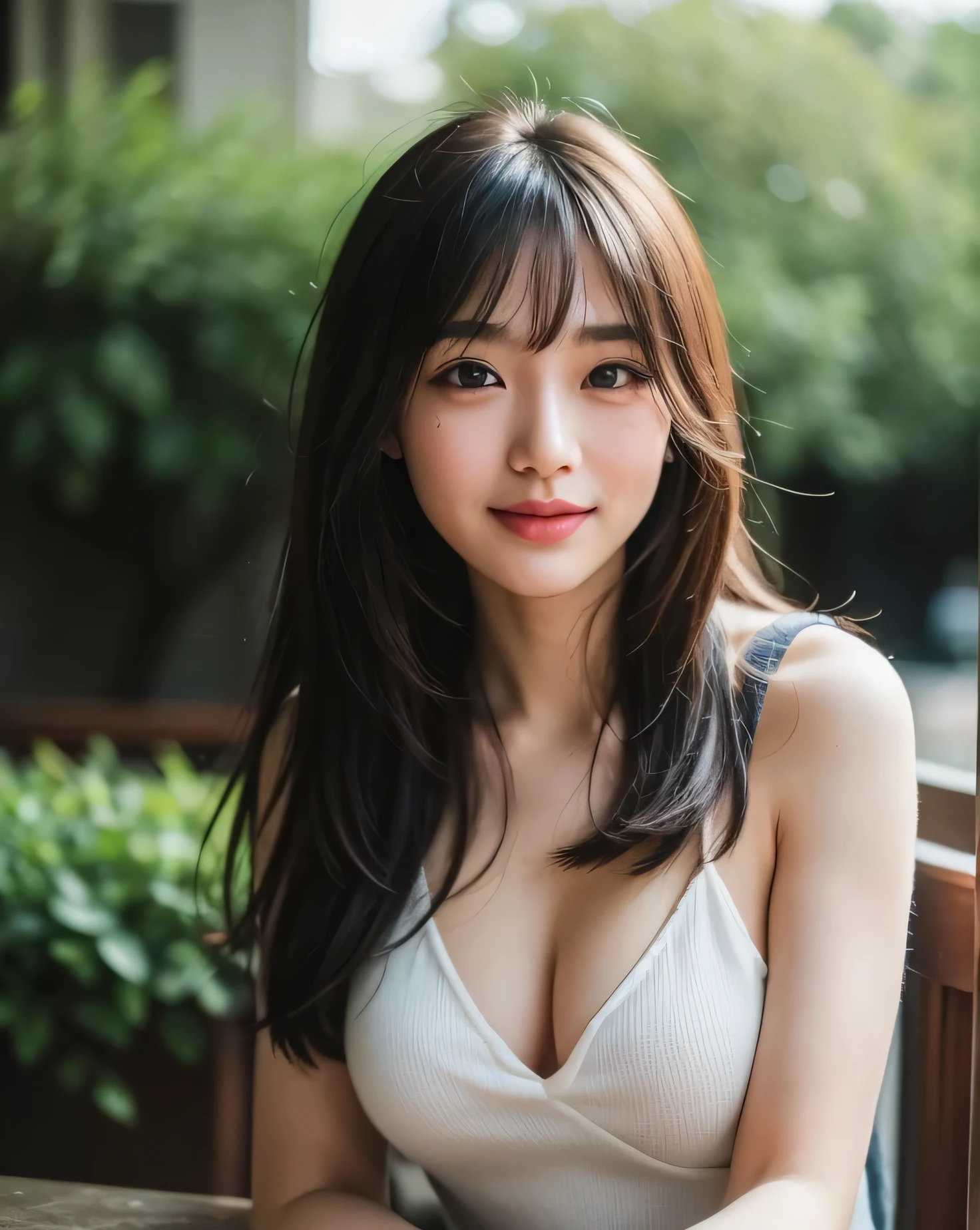 (32K,very high resolution, high detail, very accurate,Beautiful girl 1:1.5),RAW photo & realistic atmosphere,
big breasts, Japanese, black hair, bangs, long hair, 19 years old, NSFW,(((realistic pictures))),film portrait photography, 1 girl, wearing a white dress, natural makeup, Not wearing lipstick, straight long hair, Favorite clothes for women in their 20s, morning park, Open her mouth slightly, Calm, kind, Fragile, naïve, innocent, (realistic detailed eyes, natural skin texture, realistic facial details), shy smile, soft and dramatic lighting, written boundary depth, Bokeh, vivid details, finely, surreal, whole body, 35mm film, hazy blur,