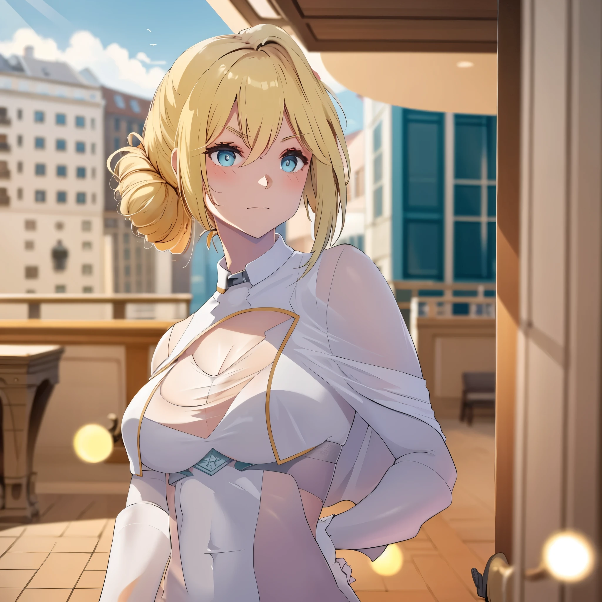 a woman in casual clothes in a French city
