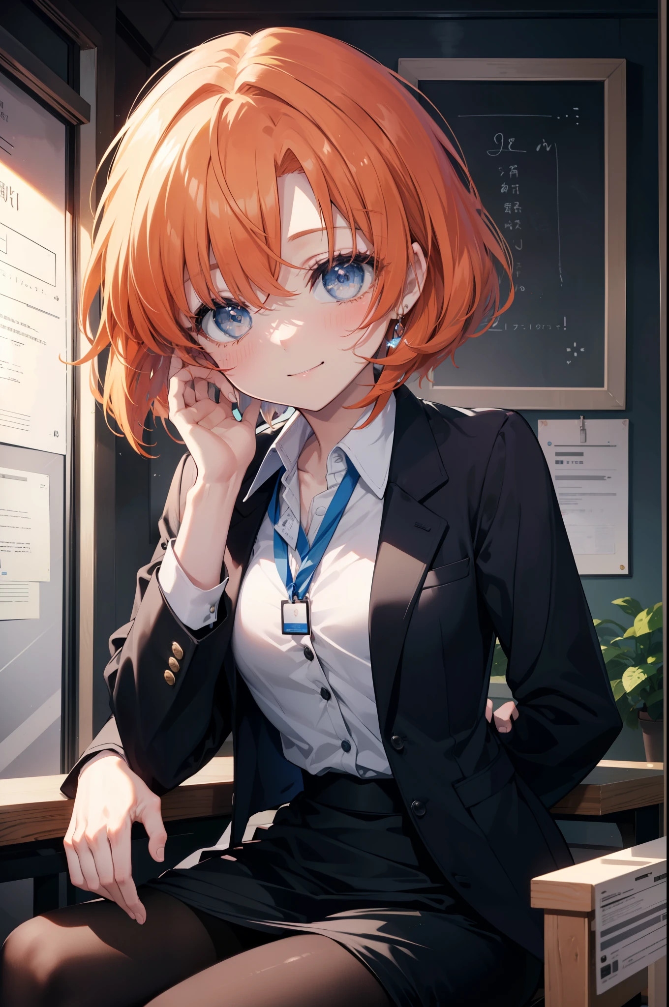Rena Ryugu, rena ryuuguu, orange hair, short hair, blue eyes, smile, grin and laugh,black suit jacket, collared jacket, white dress shirt, collared shirt, neckline, button, strap, ID card on neck, black pencil skirt, black pantyhose, smile, blush, looking at the viewer, Charm, Mechanical,on your computer,sitting in a chair, interior,touch typing ,(small breasts:1.2)
break looking at viewer,
break indoors, office,
break (masterpiece:1.2), highest quality, High resolution, unity 8k wallpaper, (figure:0.8), (detailed and beautiful eyes:1.6), highly detailed face, perfect lighting, Very detailed CG, (perfect hands, perfect anatomy),