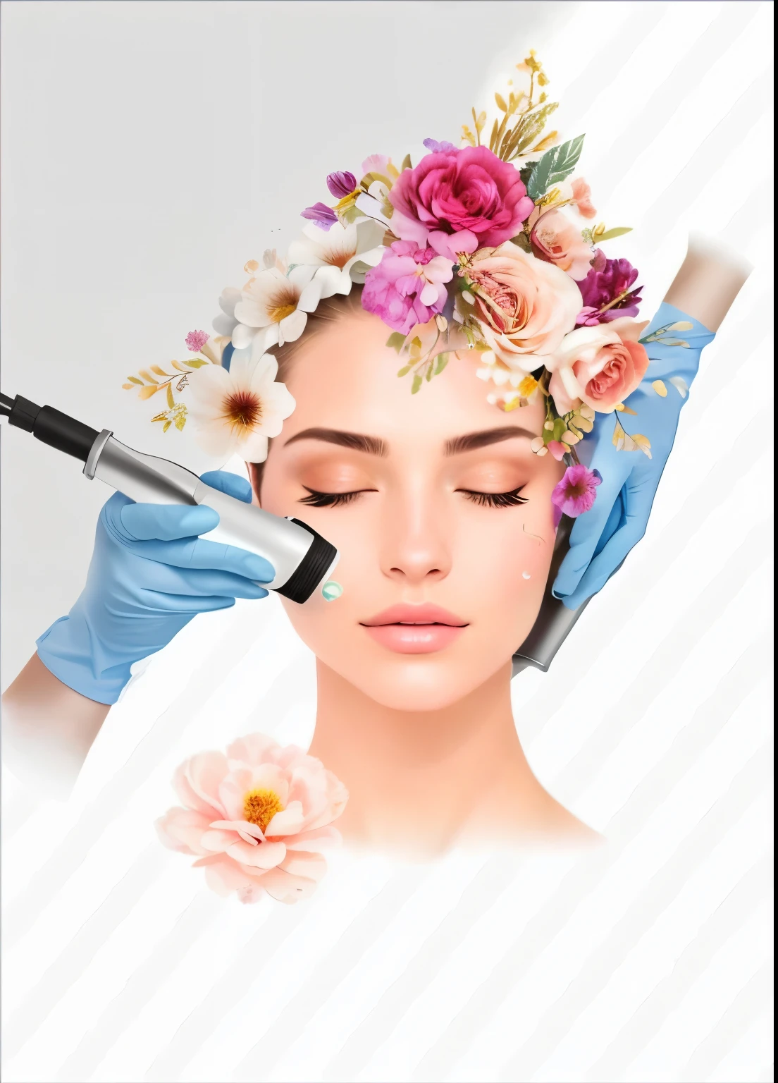 a woman getting a facial lift with a machine and flowers, facial precision, ultra facial detail, Air brush illustration, exquisit facial detail, facial, symetrical facial, exquisite facial detail, digital illustration, Professional illustration, digital illustration, perfect facial symettry, pleasing aesthetics, Professional illustration, A mix of aesthetics, detailed digital illustration, facial beauty