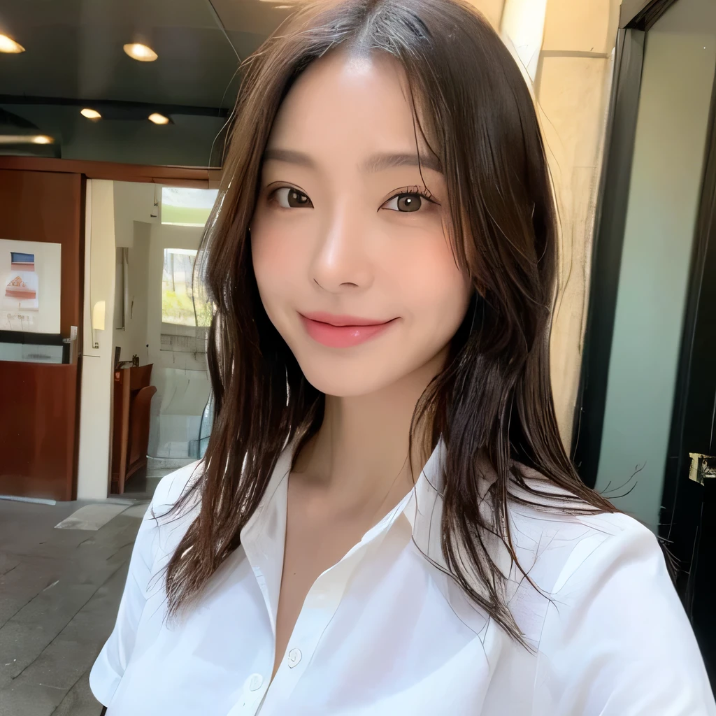 ((highest quality, 8k, masterpiece: 1.3)), sharp focus: 1.2, beautiful woman with perfect figure: 1.4, slim abs: 1.2, (layered hairstyles,: 1.2)), (wet white button long shirt: 1.3), rain: 1.3, street: 1.2, wet body: 1.1, Highly detailed face and skin texture, fine eyes, double eyelid, big breasts, smile,