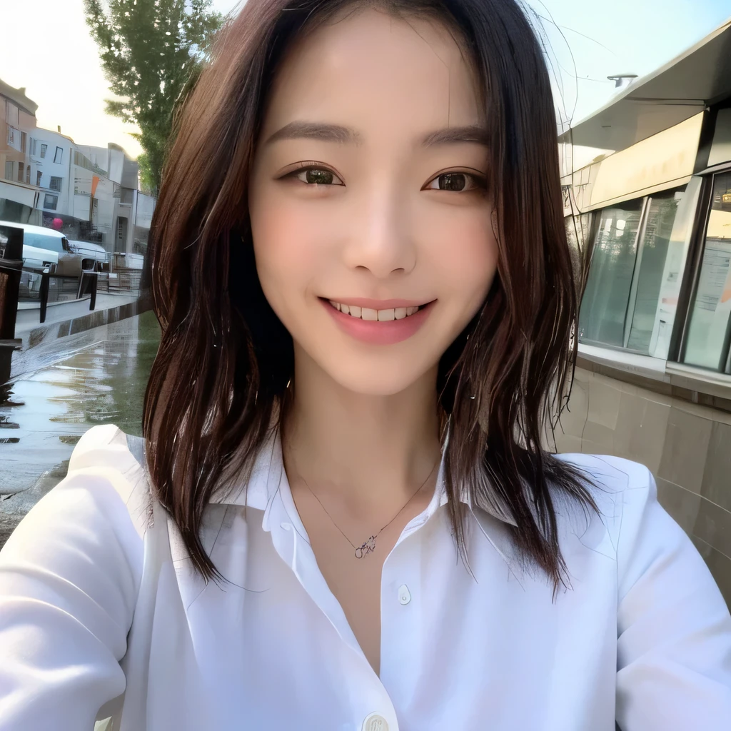 ((highest quality, 8k, masterpiece: 1.3)), sharp focus: 1.2, beautiful woman with perfect figure: 1.4, slim abs: 1.2, (layered hairstyles,: 1.2)), (wet white button long shirt: 1.3), rain: 1.3, street: 1.2, wet body: 1.1, Highly detailed face and skin texture, fine eyes, double eyelid, big breasts, smile,