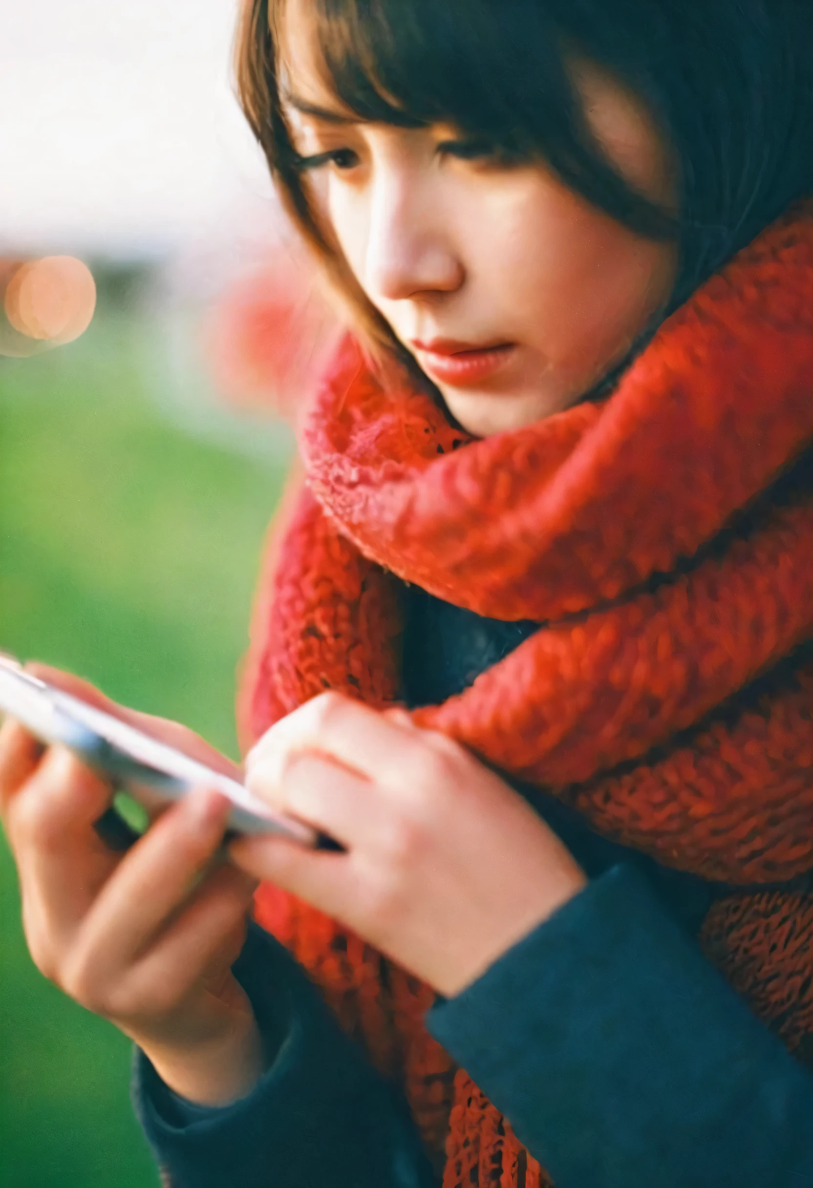 best quality,film grain,1 girl,red scarf,looking at phone,bokeh background,outdoor environment