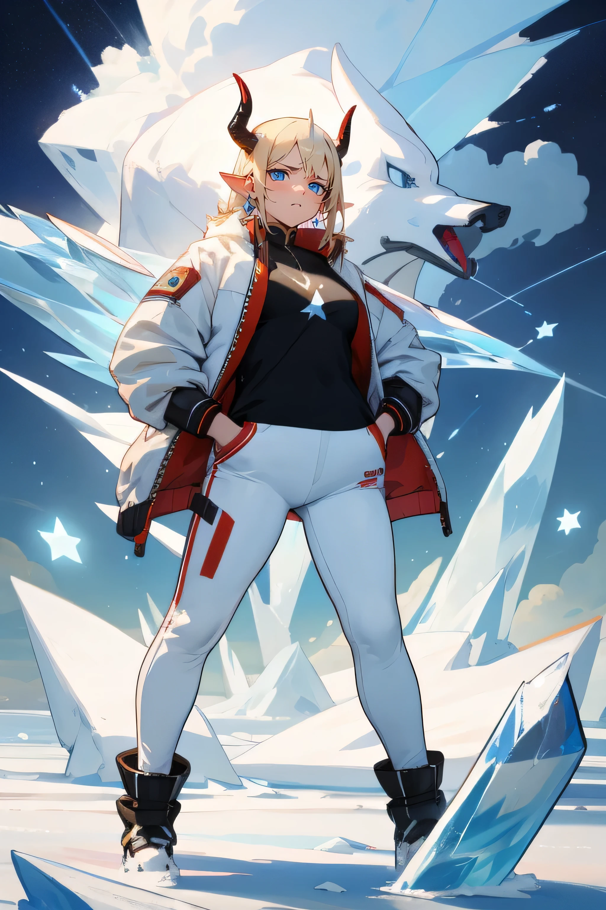 8k, wallpaper, Detailed, female, horns, blue eyes, white jacket, leather pants, ice, surrounded by ice, stars, clouds, hands in pockets, dynamic pose