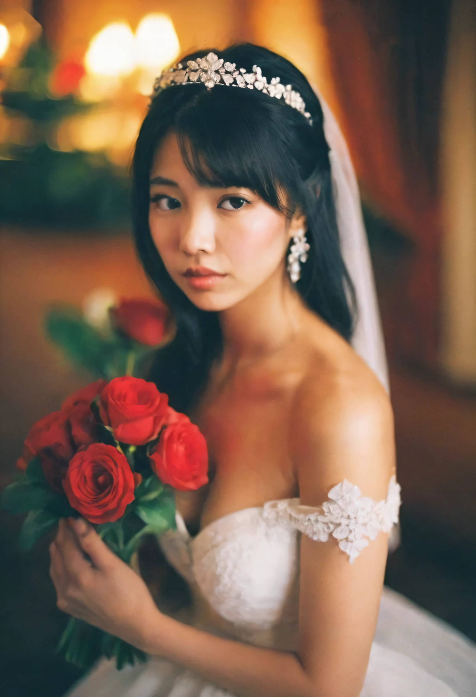 1 girl, Asian girl,alone, breast, black hair, skirt, split, bare shoulders, brown eyes, jewelry, medium breast, clavicle, Upper body, flower, earrings, indoors, necklace, white skirt, vague, lips, Strapless, vague background, crown, veil, Strapless skirt, flower束, wedding skirt, actual, Candle, bridal veil, bride, Candlestand, film grain