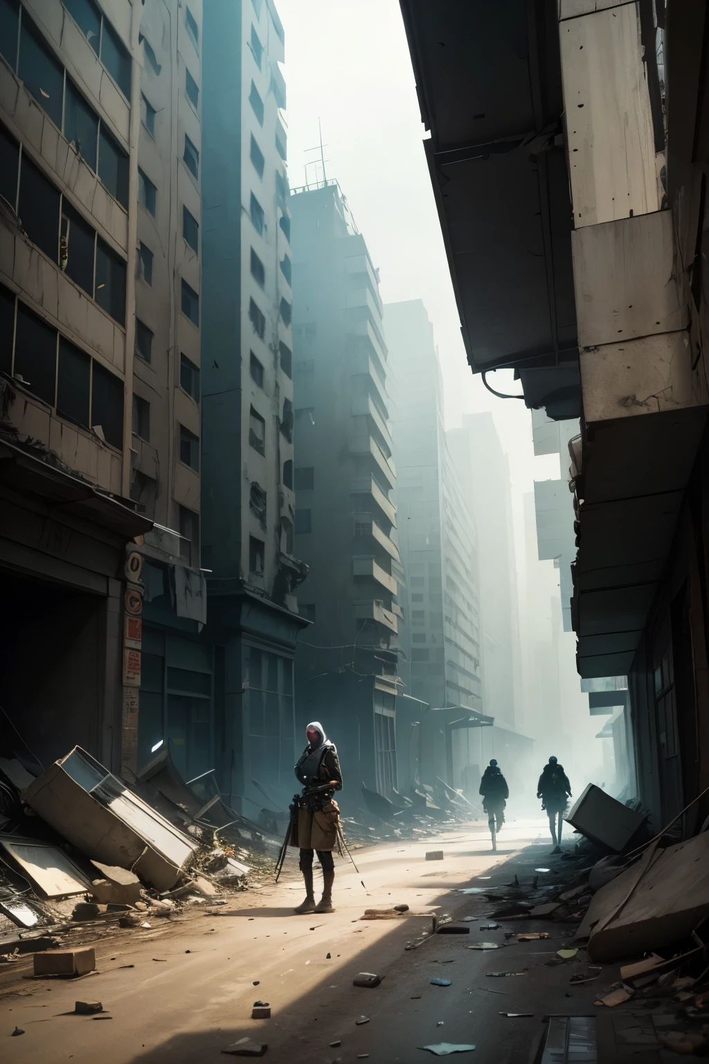 woman hiding from soldiers in a post-apocalyptic world, post-apocalyptic futuristic city, broken crystal towers, street strewn by rubble, broken machines --auto