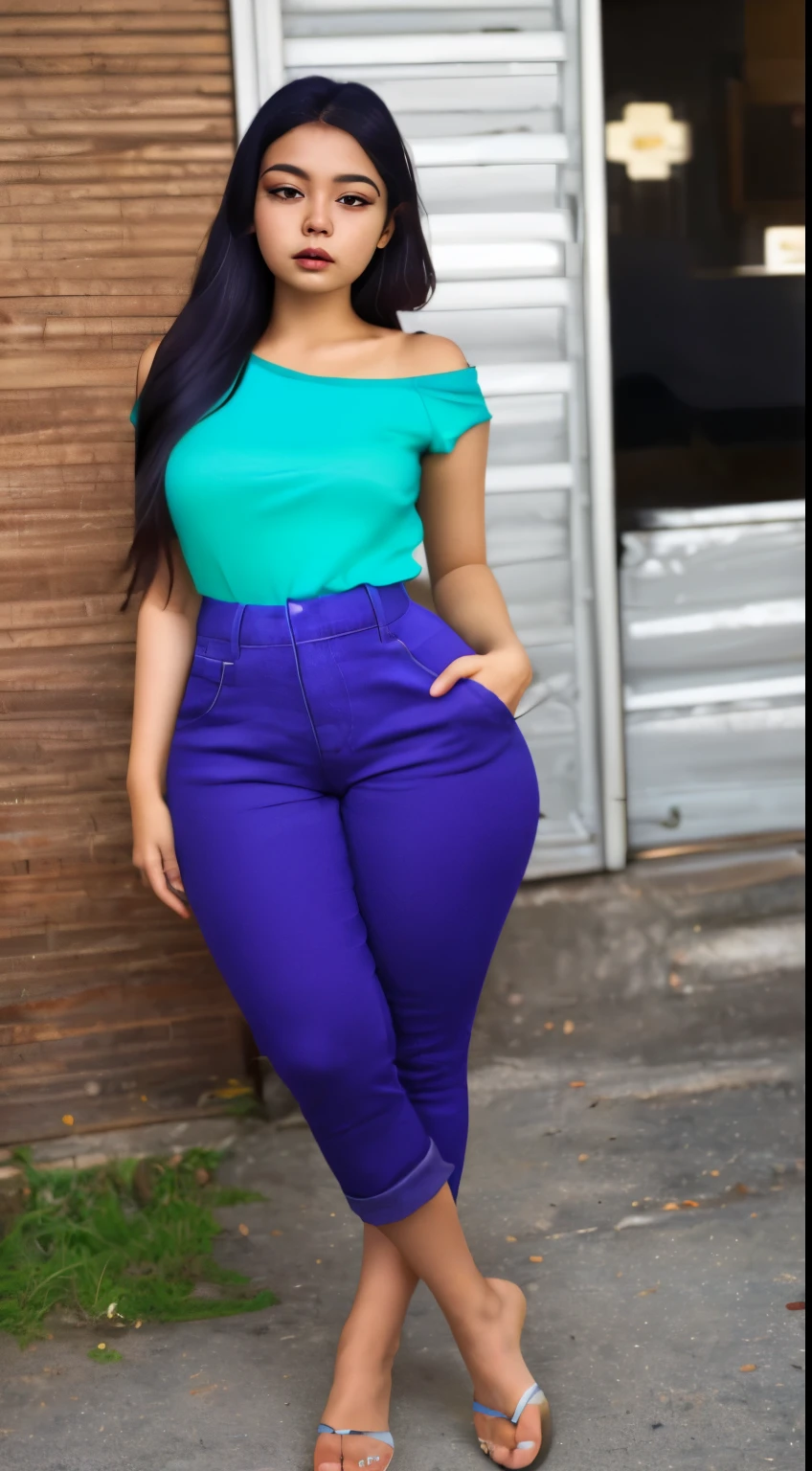  (((Girl, extremely detailed, extremely detailed legs, extremely detailed arms, extremely detailed face, perfectly detailed eyes, perfectly detailed))): ((solo)), huge thighs, curvature, thicc, white cropped jumpsuit, rolled up pants, rolled up sleeves, huge ass, looking over shoulder, bare feet, 4kHD, shaking ass