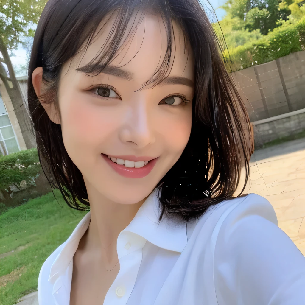 ((highest quality, 8k, masterpiece: 1.3)), sharp focus: 1.2, beautiful woman with perfect figure: 1.4, slim abs: 1.2, (layered hairstyles,: 1.2)), (wet white button long shirt: 1.3), rain: 1.3, street: 1.2, wet body: 1.1, Highly detailed face and skin texture, fine eyes, double eyelid, big breasts, smile,