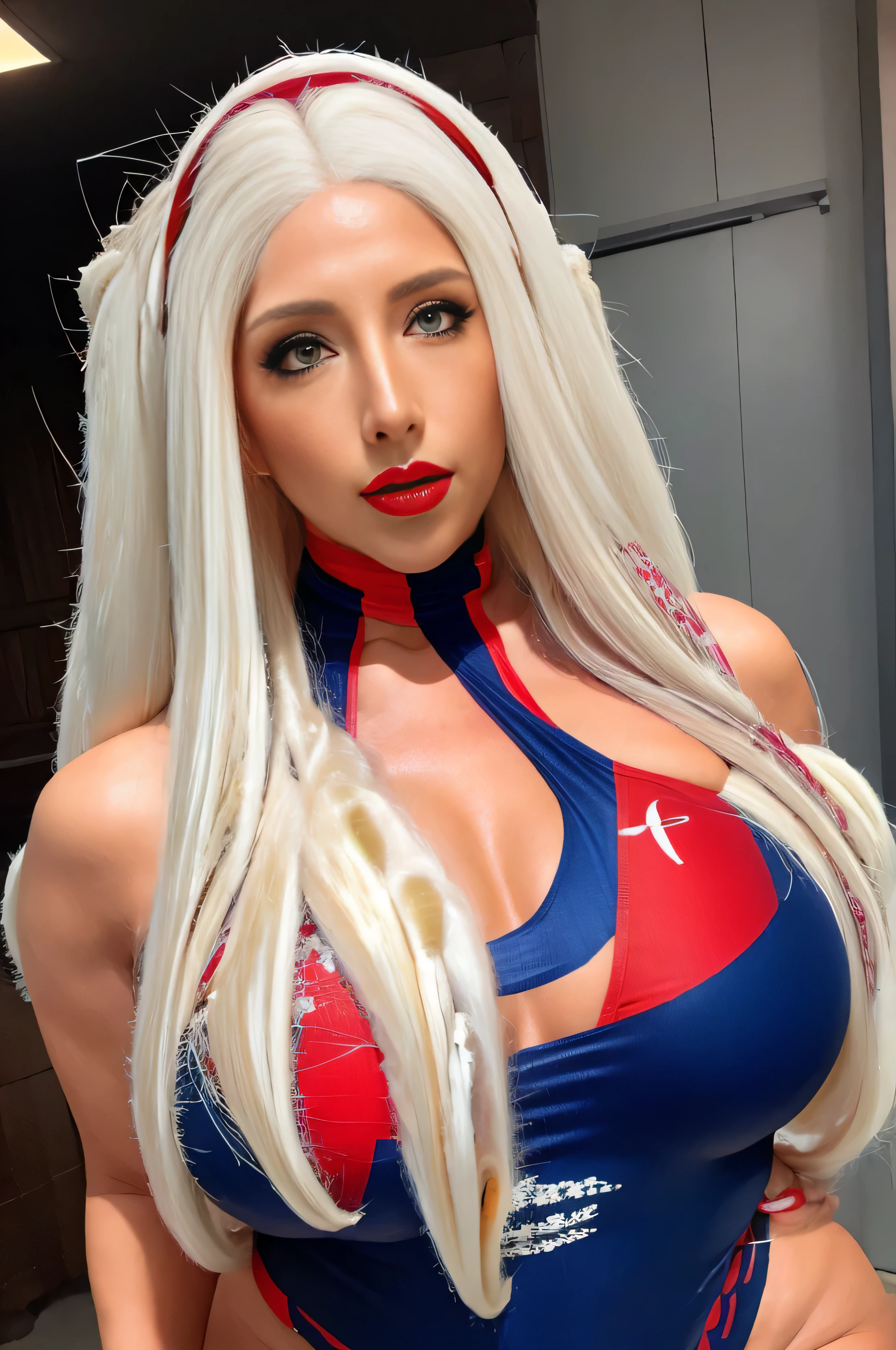 pregnant woman, ((highest quality, 8k, masterpiece: 1.3)), 1 Attractive 45 year old woman, Beautiful woman with a plump body: 1.3, very white hair(long hair: 1.9), Very red lips, blue swimsuit, turtleneck open leotard, long legs: 1.1, super detailed face, fine eyes, double eyelid, outdoors, pregnant woman, long hair: 1.9,Very red lips,
