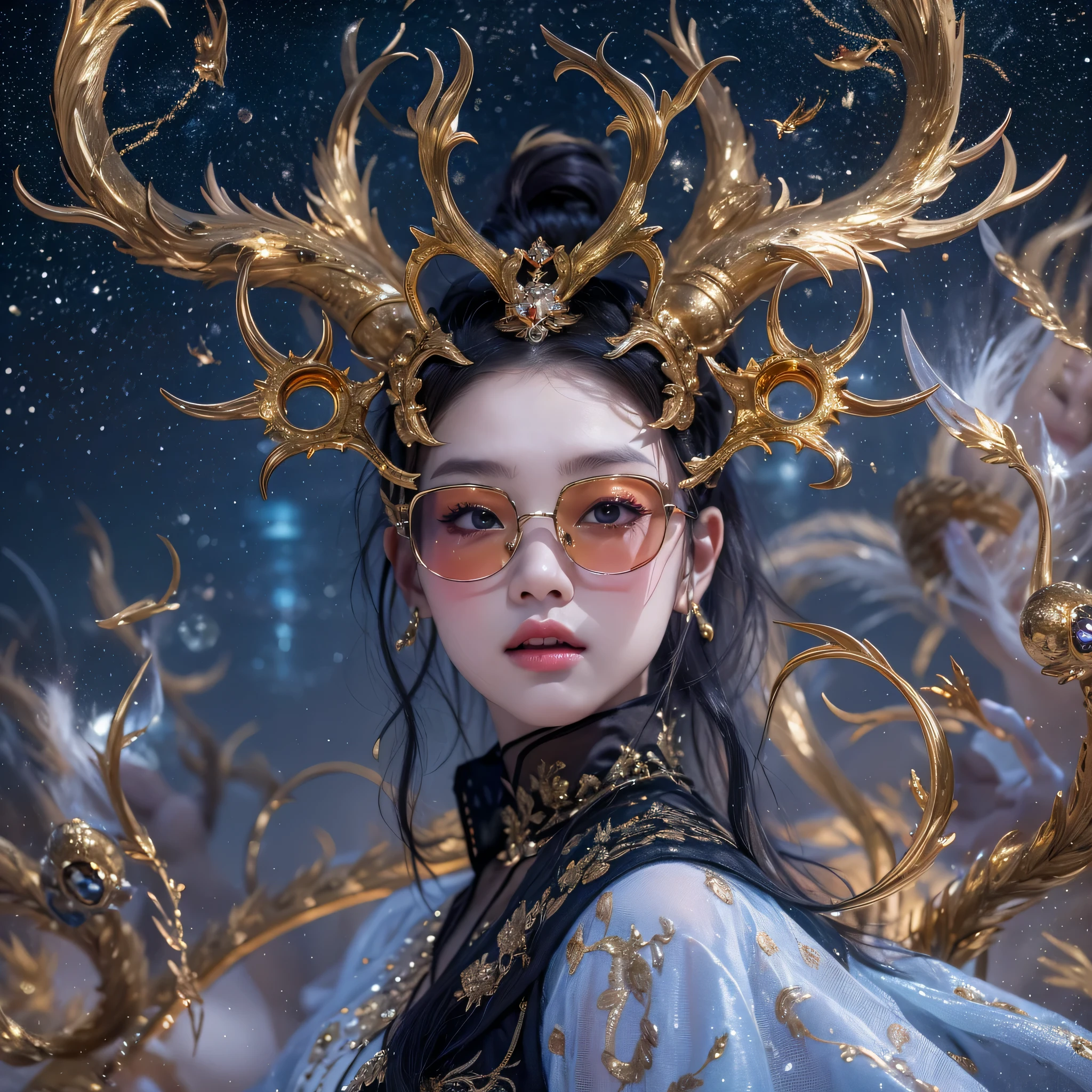 Antlers Flying Nine Tails Light Blue Heavenly Master Flame Hair Star,Moon Night black, gold and orange snake print silk trousers,Rouge Diamond Tulle Sheer Lizard Print,Girl flying in space in the snow 1:900 miniatures,Front view,pure transparency,put on boxing gloves,Wear gold-framed Reverse Light sunglasses,Panoramic super wide angle,very happy,Authentic and delicate texture,Strong visual impact,super detailed,dream girl,delicate face型,beautiful eyes,Hair floating in the air, cherry style,Zhou Xiaotong,crystal clear,Good sense of perspective,Light shadow effect,16KLight slip,surface reflected Light,flowing black hair,Water Goddess 32K,complicated,grace,Very detailed,Gorgeous,digital photography,Autumn Cowboy Shooting,Surrealism,broken ruby,defeat magic,Water magic entanglement,(masterpiece,Light,beautiful eyes:1.2),high dynamic range,void 5 energy storm,(china 1 girl,black eyes:1.5),rouge skin,Light skin,(sit on stone:1.5),delicate face,black hair,Put on Gorgeous golden armor,starry sky background,beautiful golden armor,it'it'it'It's raining,beautiful,University Teachers'Don't look at the audience,focus shift,masterpiece
