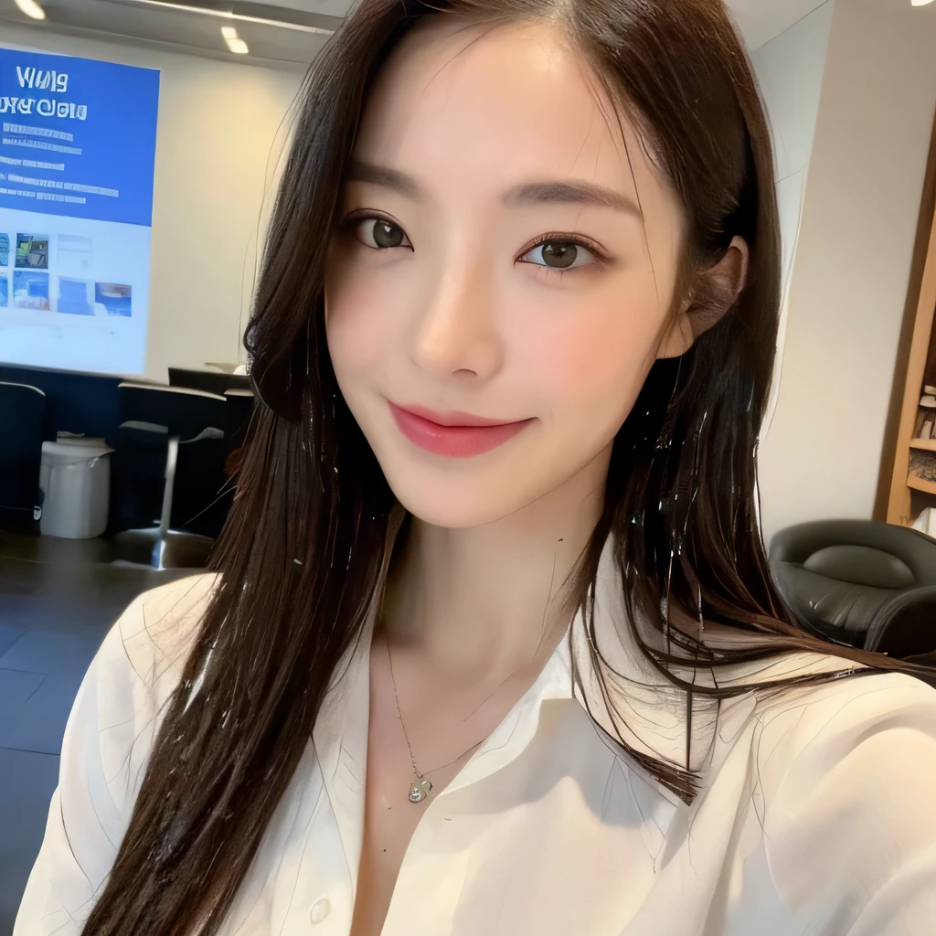((highest quality, 8k, masterpiece: 1.3)), sharp focus: 1.2, beautiful woman with perfect figure: 1.4, slim abs: 1.2, (layered hairstyles,: 1.2)), (wet white button long shirt: 1.3), rain: 1.3, street: 1.2, wet body: 1.1, Highly detailed face and skin texture, fine eyes, double eyelid, big breasts, smile,